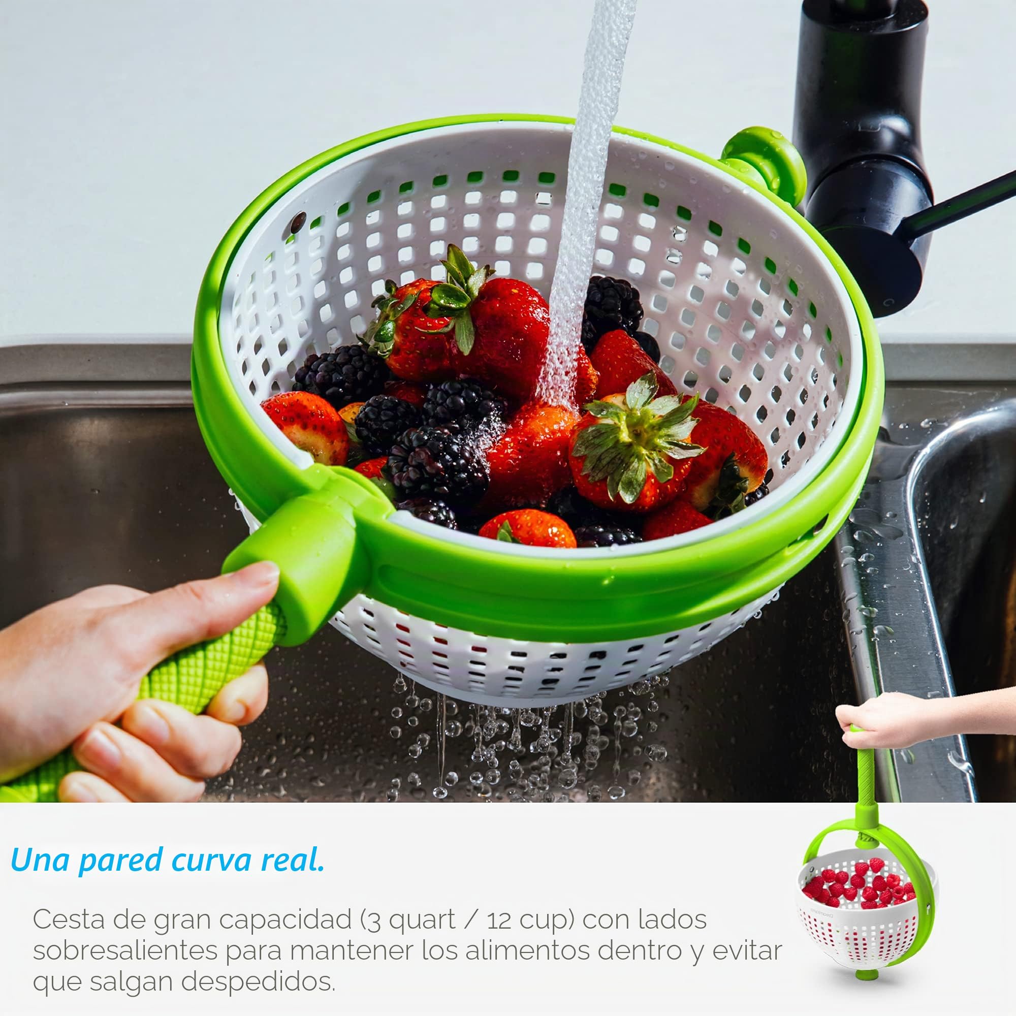 Dreamfarm Spina - Colador de ensalada plegable 2 en 1, fácil de usar, para ensaladas, frutas, verduras, lechuga, color blanco/verde | Colador para ensaladas, verduras, bayas y pasta, antideslizante, mango de fácil agarre, color blanco y verde