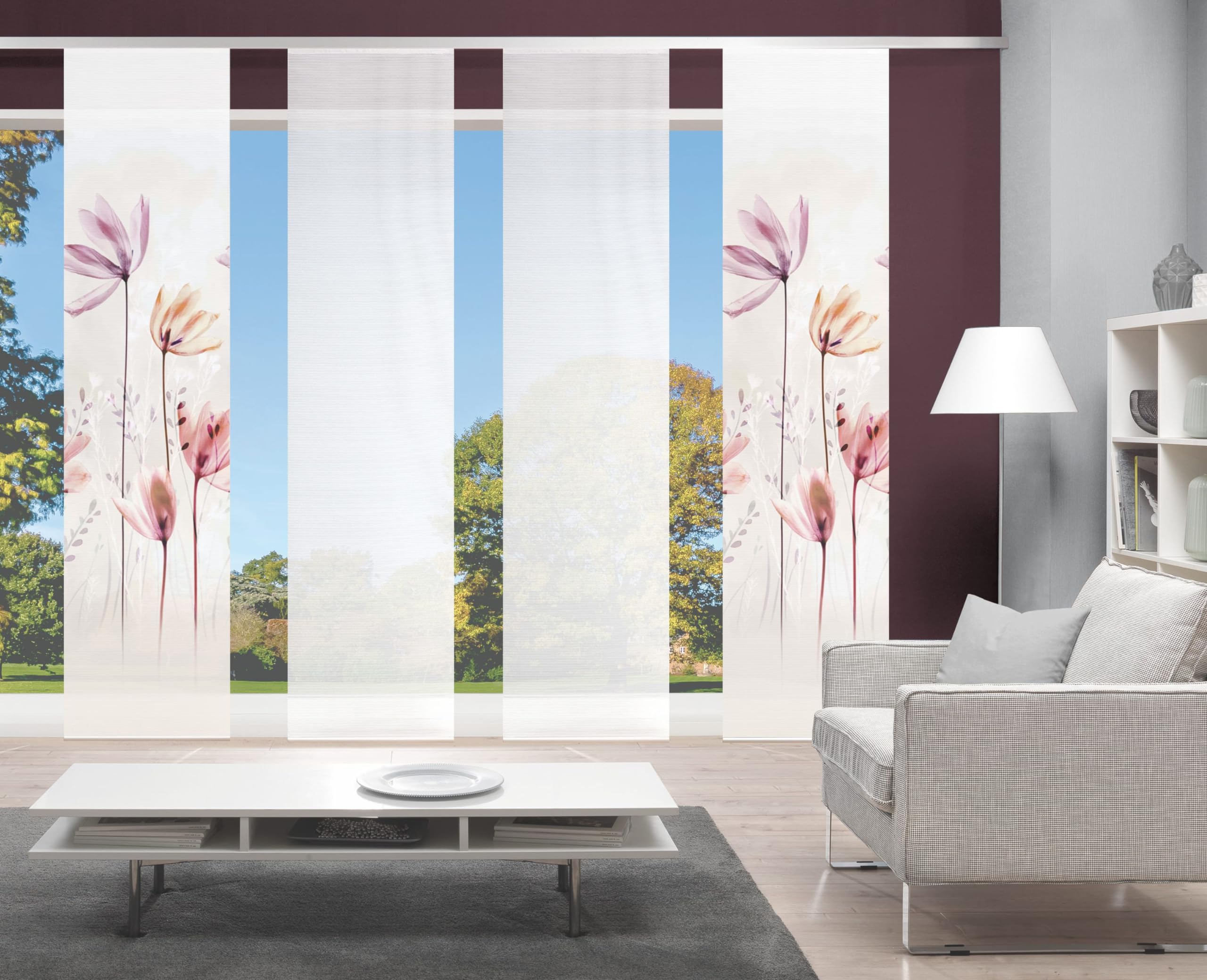 94067 | 4er-Set Schiebegardine 'KUKAT', Digitaldruck auf Bambus-Optik, mit abstraktem Blumen-Motiv, 260x60cm, Farbe: Natur