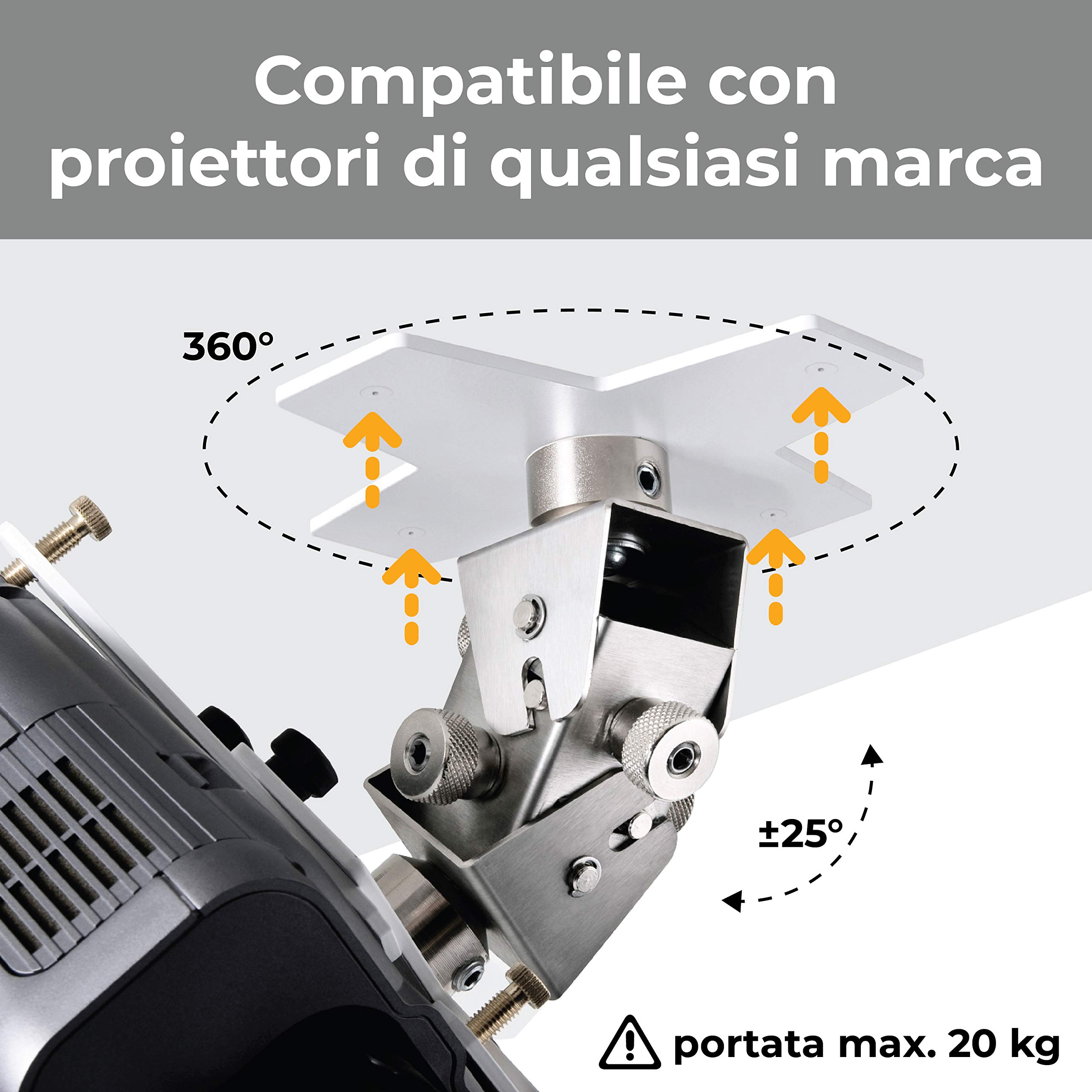 Supporto Proiezione Professionale “Arakno” Silver 131/196cm Regolabile Per Videoproiettore (Disponibile da 18cm, 60/80cm, 86/126cm, 131/196cm, 201/266cm) Montaggio Staffa A Soffitto Massima Qualità