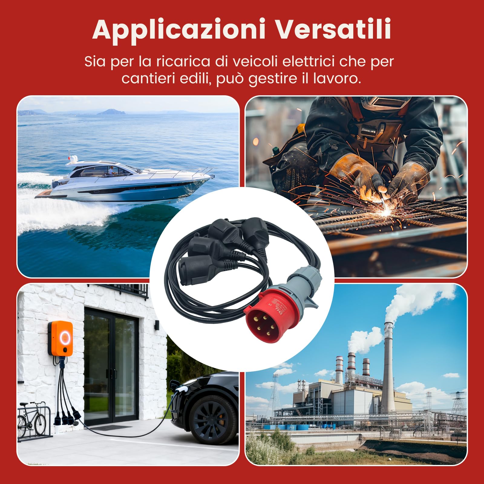 Adattatore di Alimentazione Industriale CEE 5P-32A/16A IP44 con 4 Uscite - Per Veicoli Elettrici, Camper, Cantieri e Uso Domestico - Materiali Antigurto e Resistente ai Raggi UV