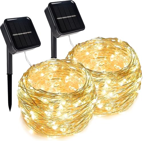 Twinkle Star - Paquete de 2 tiras de luces solares para exteriores, 39.4pies, 120luces LED de Navidad con 8 modos, impermeable, para Día de San