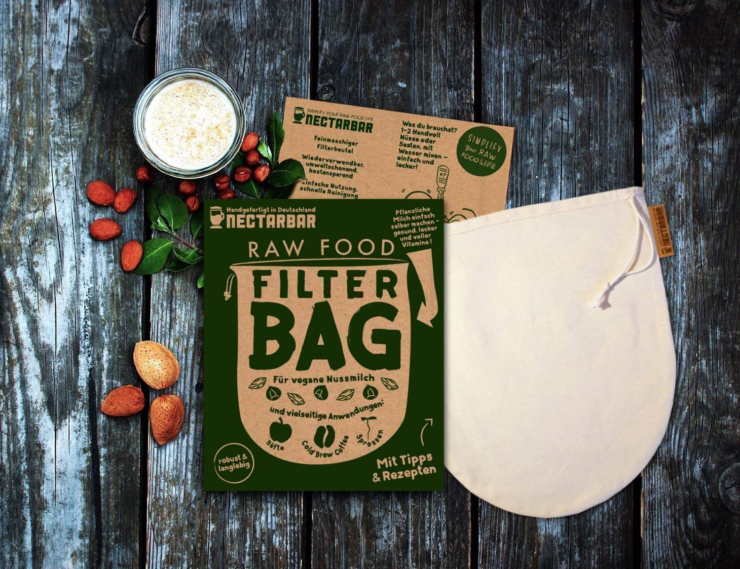 Nussmilchbeutel Baumwolle 24 x 27 cm – handgefertigt – Eco Nut Milk Bag – Filterbeutel für Mandelmilch & Säfte – waschbar – mit Kordelzug – plastikfrei – Made in Germany – Verpackung DE