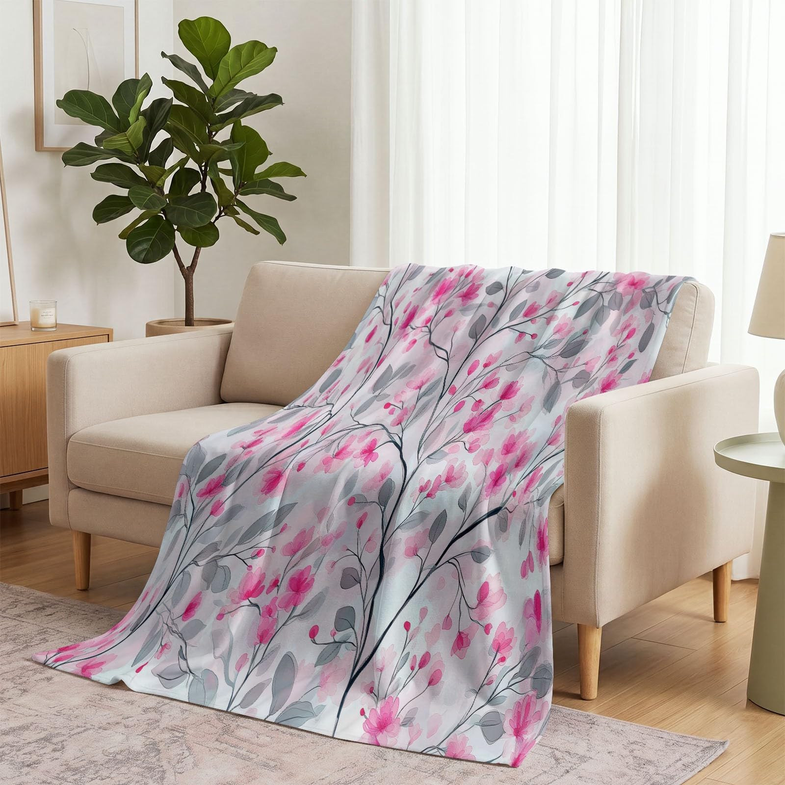 Coperta in pile acquerello botanico, morbida coperta stampata con viti a foglia floreale per adulti e bambini, coperta bianca rosa per divano, soggiorno, spiaggia, viaggi, 180 x 200 cm
