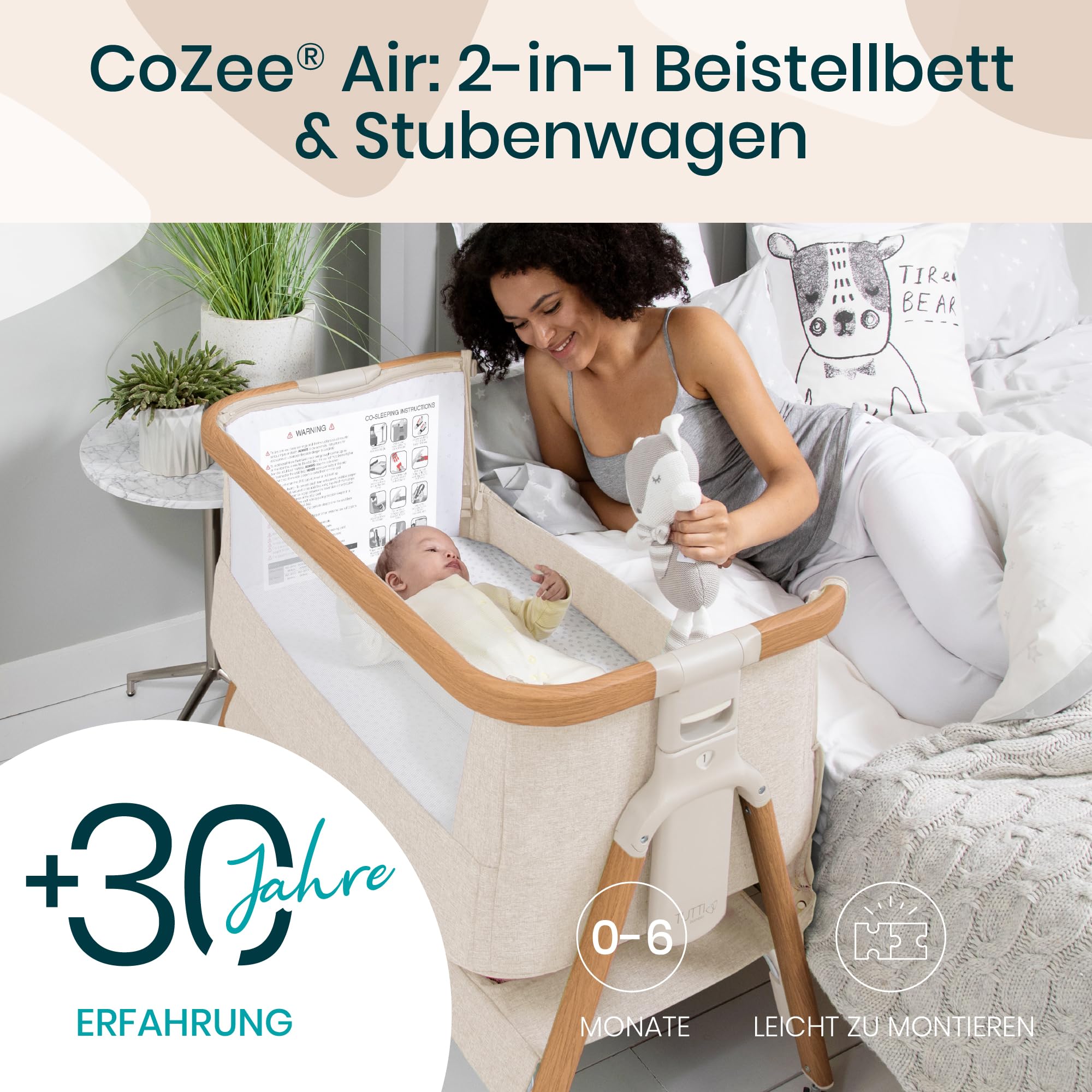 Tutti Bambini CoZee Air Beistellbett Baby Reisebett mit Matratze Kompakt faltbar Atmungsaktive Matratze 6-fache Höhenverstellung 0-6 Monate Walnuss Naturweiß
