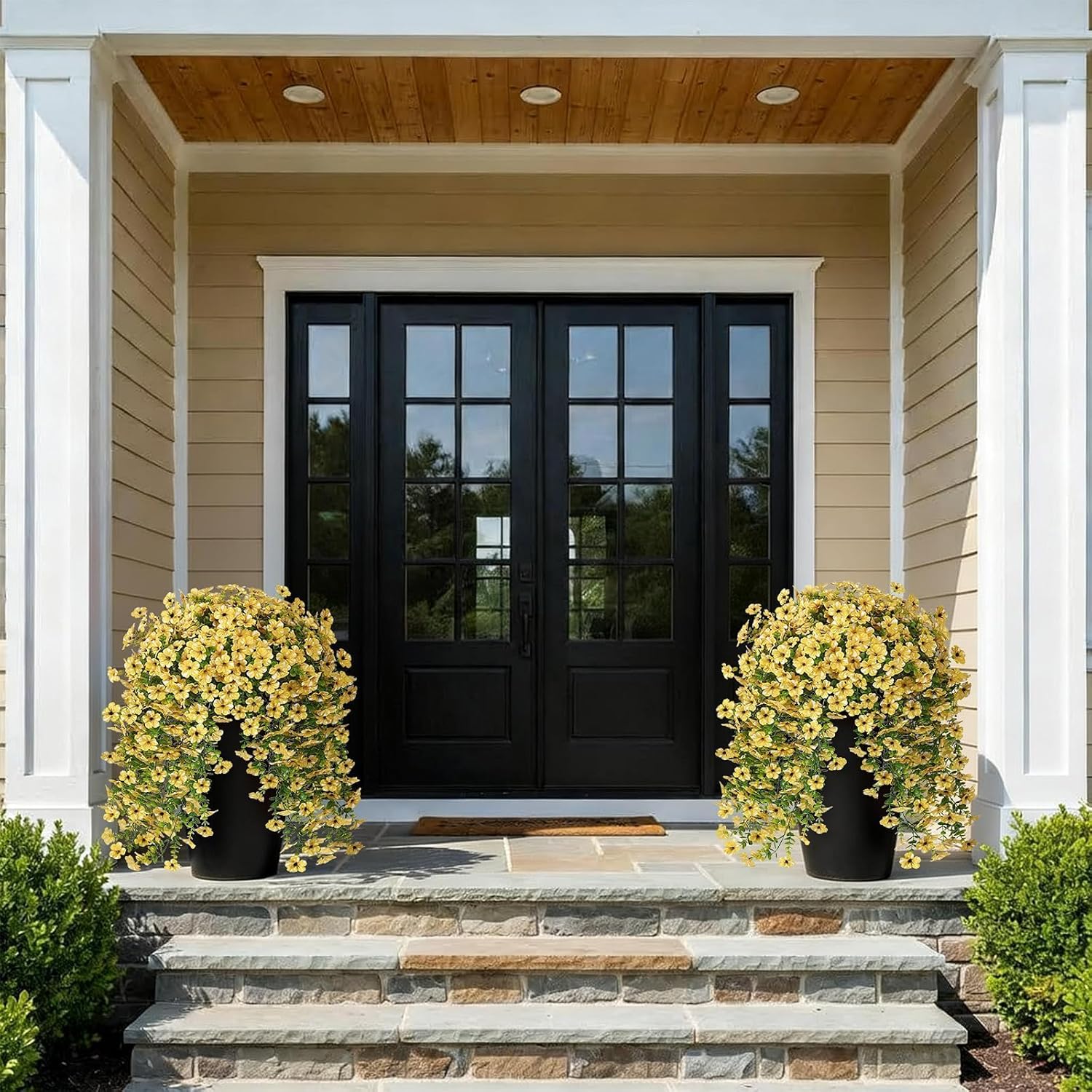 8 PCS Artificial Morning Glory & Eucalyptus for Outside, Realistic Sun Resistant Fake Silk Hang Flower Faux Eucalyptus Leave for Patio Farmhouse Garden Porches Balcony Decor (Yellow)