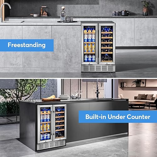 Vista 7 de Refrigerador de vino y bebidas con puerta de vidrio, refrigerador de vino de 24 pulgadas, doble zona debajo del mostrador - 18 botellas y 88 latas