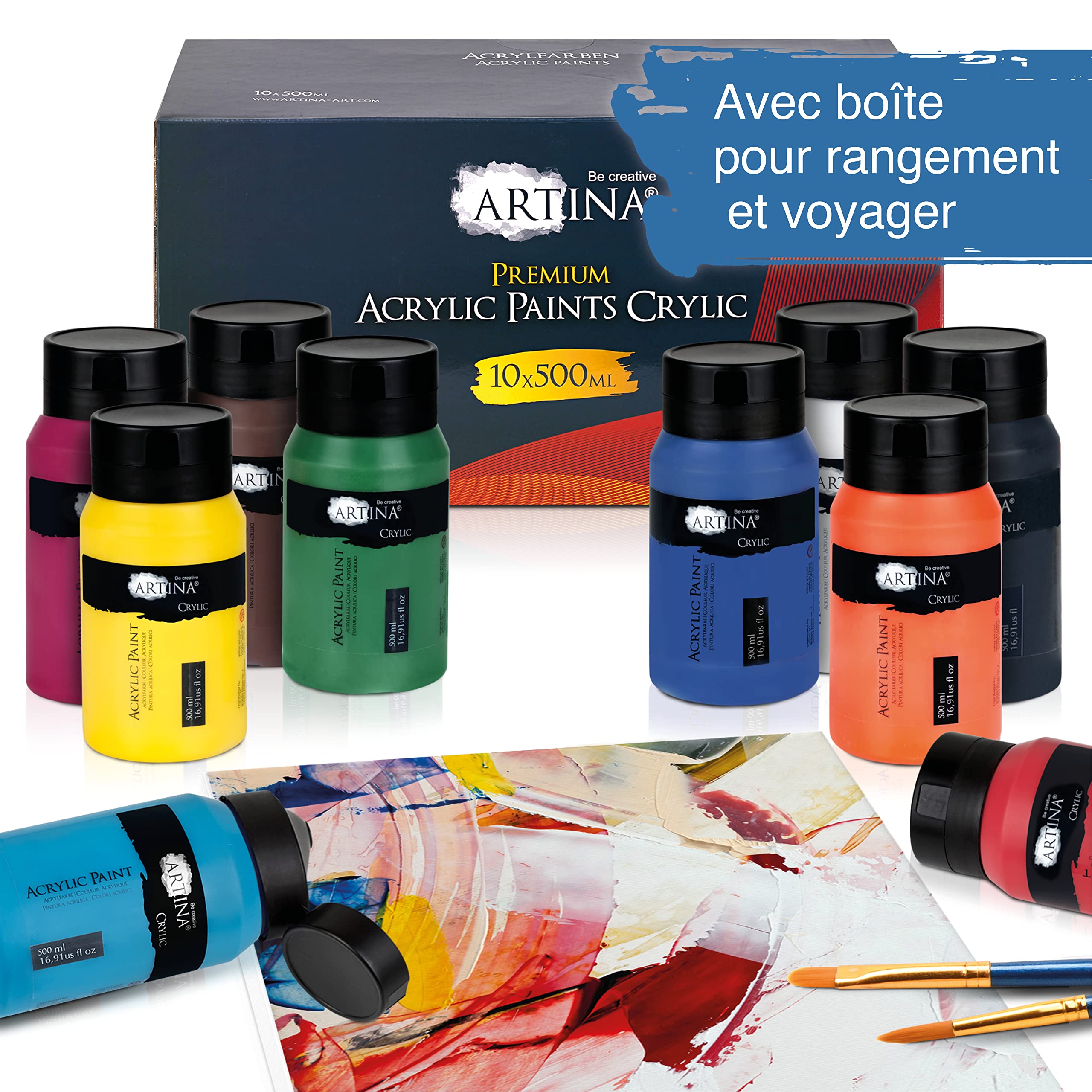 Artina kit de 10 peintures acryliques séchage rapide couleurs haute