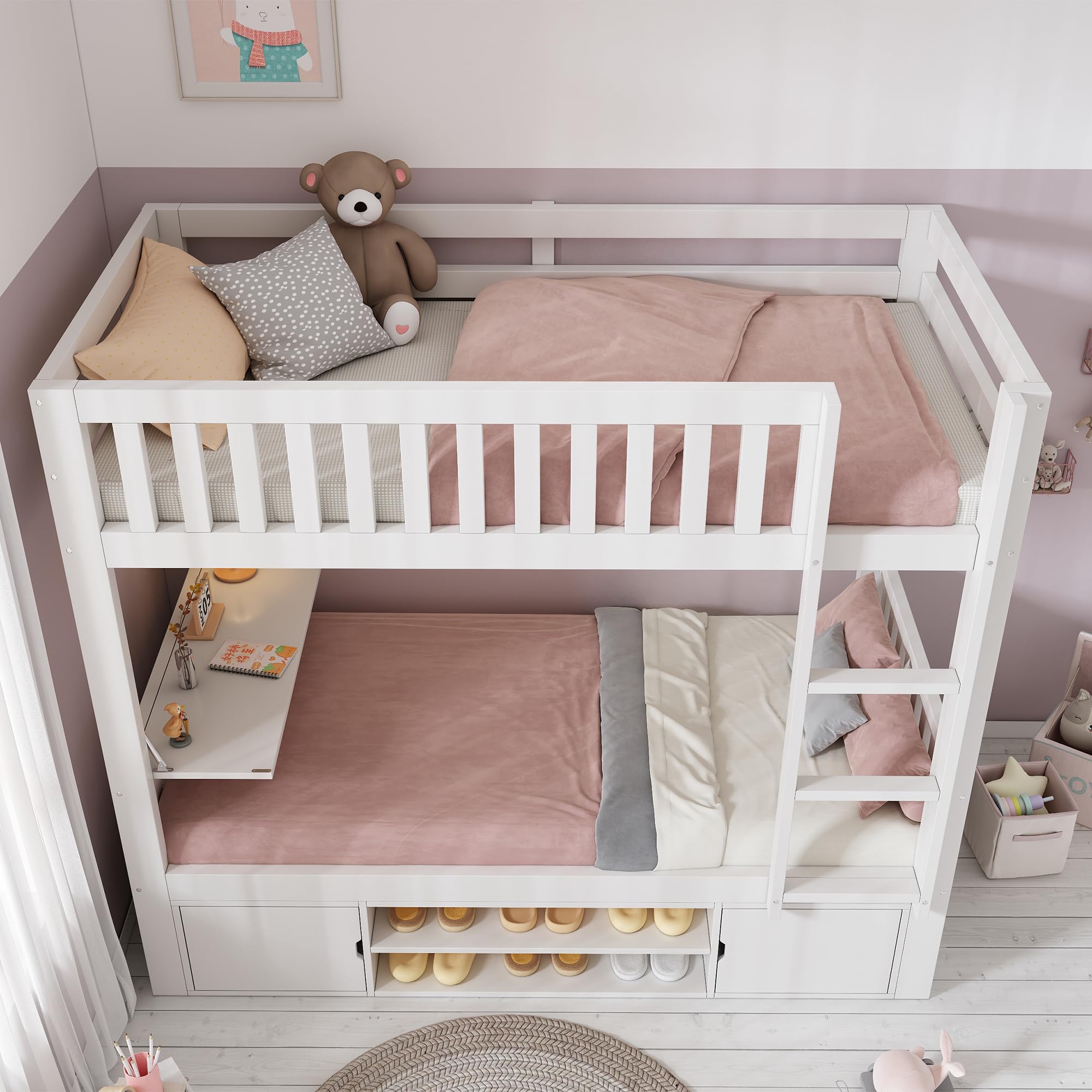 Litera de Estilo Moderno como Cama Alta o Loft Bed con Superior e Inferior de 90x200 cmen Estructura de Madera Maciza con Mesa Plegable, Zapatero y Armarios para Hogar