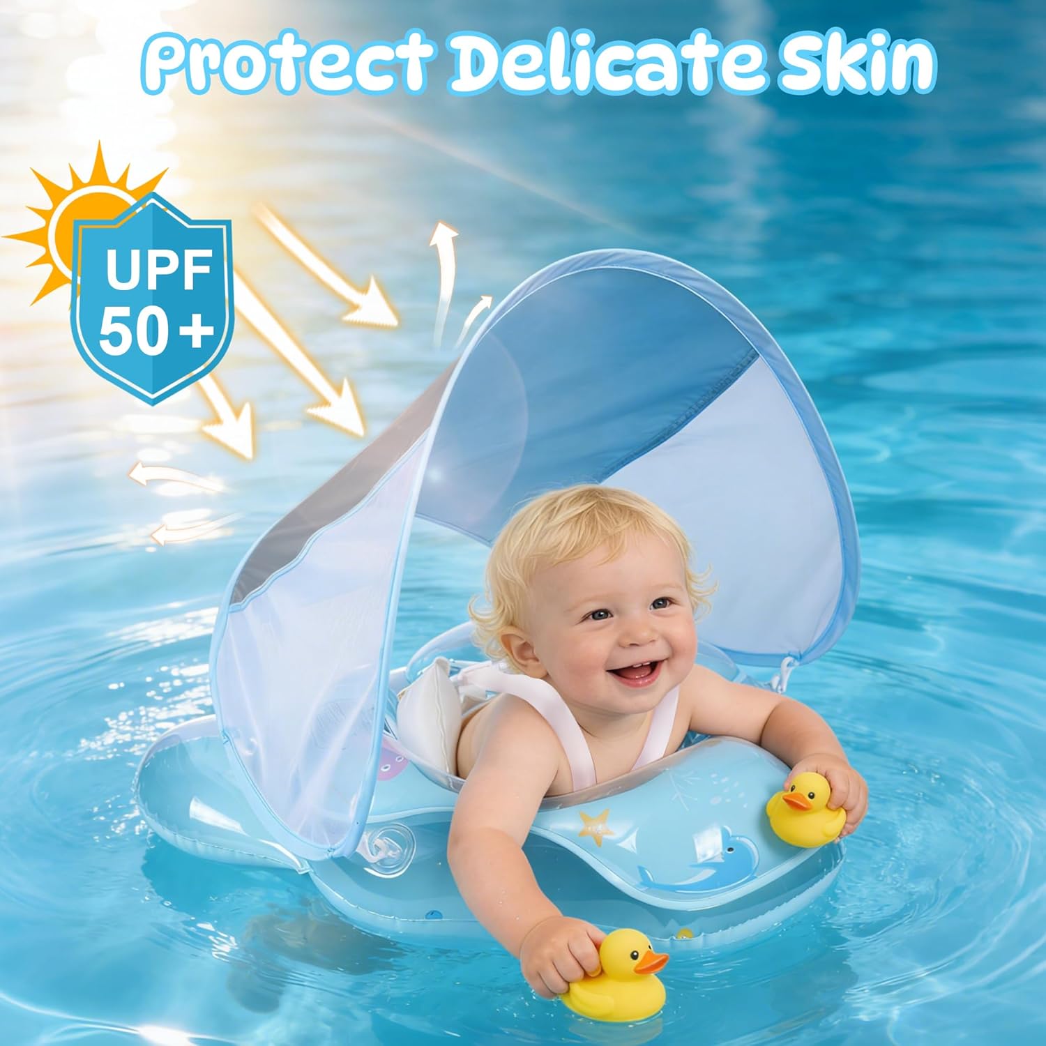 Baby Pool Float with UPF50+ Sun Protection Canopy, Inflatable Baby Float with Adjustable Safety Seat for Toddler from 6 to 36 Months, Baby Swim Float with Dual Air Chambers for Boys Girls(Large, Blue)