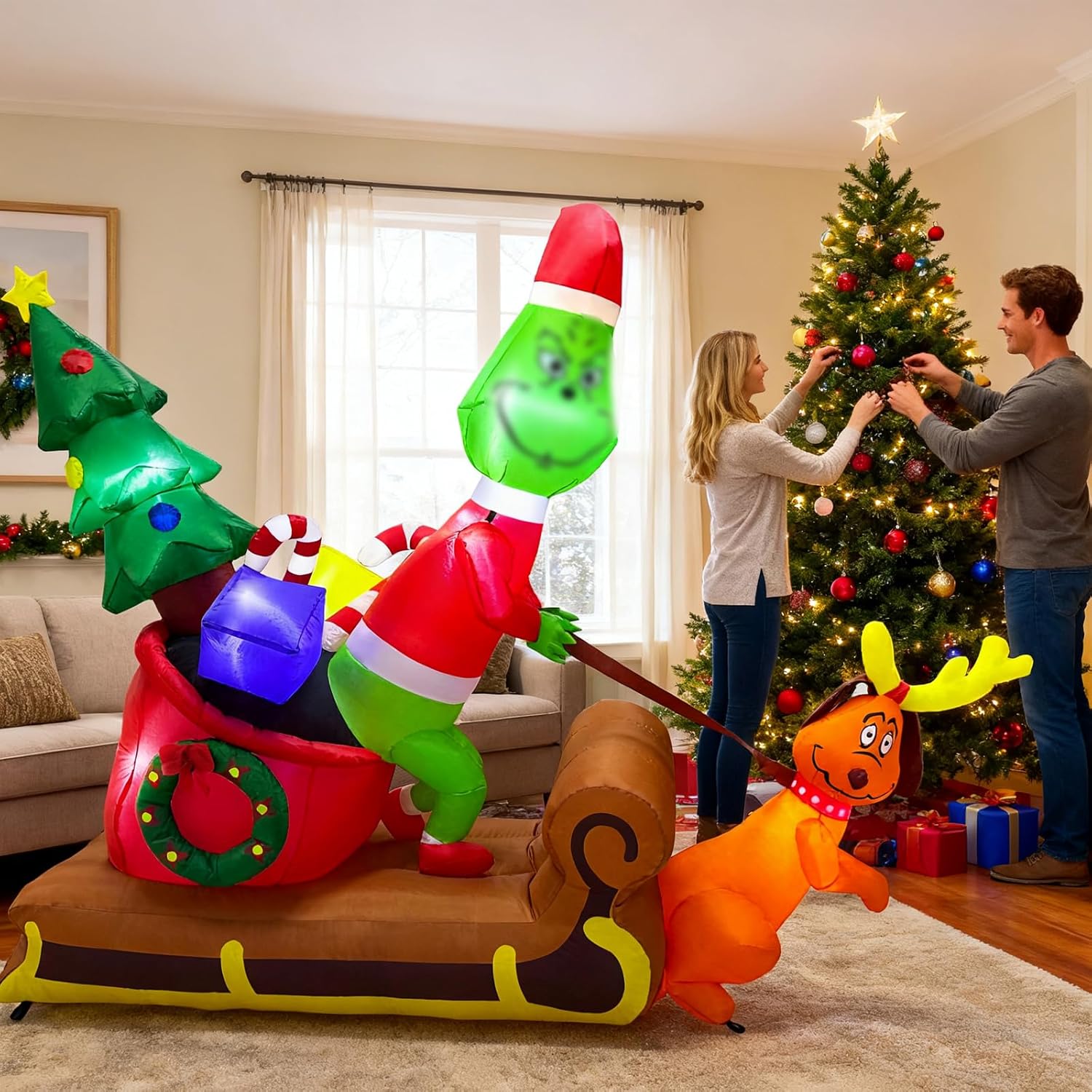 6.5FT Christmas Inflatable Outdoor Decoration, Christmas Blow Up Yard Decorations, Green Monster with Sleigh Dog and 7 LED Lights, Light Up Yard Lawn Inflatable Decor
