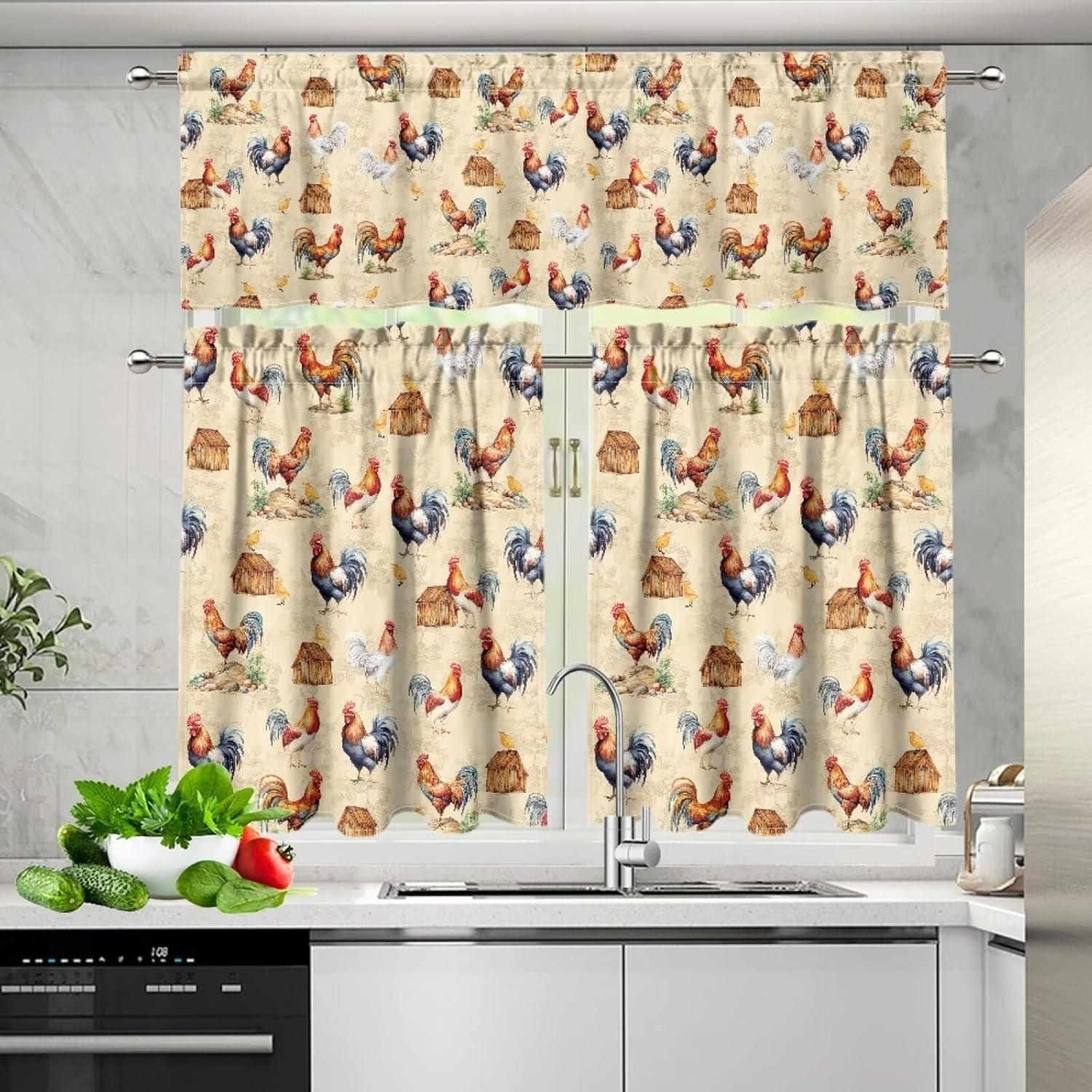 Rooster 3Pcs Set Curtains Valances for Windows Short Bathroom Curtains House Print Blackout Curtain Set Small Kitchen Window Curtain with Valance