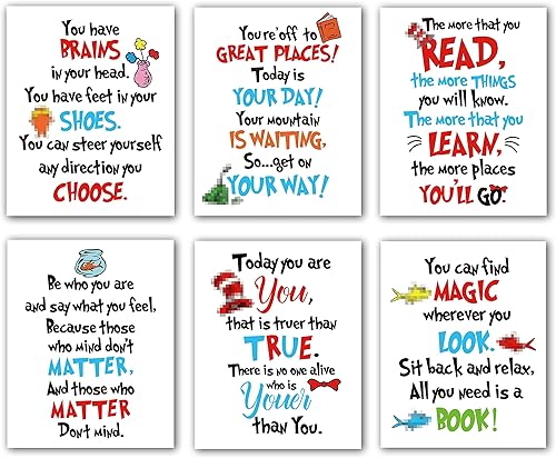 6 pósteres de sombrero de doctor gato, decoración de sombrero de gato rojo y azul para sala de lectura, decoración de pared impresa para aula, 8 x