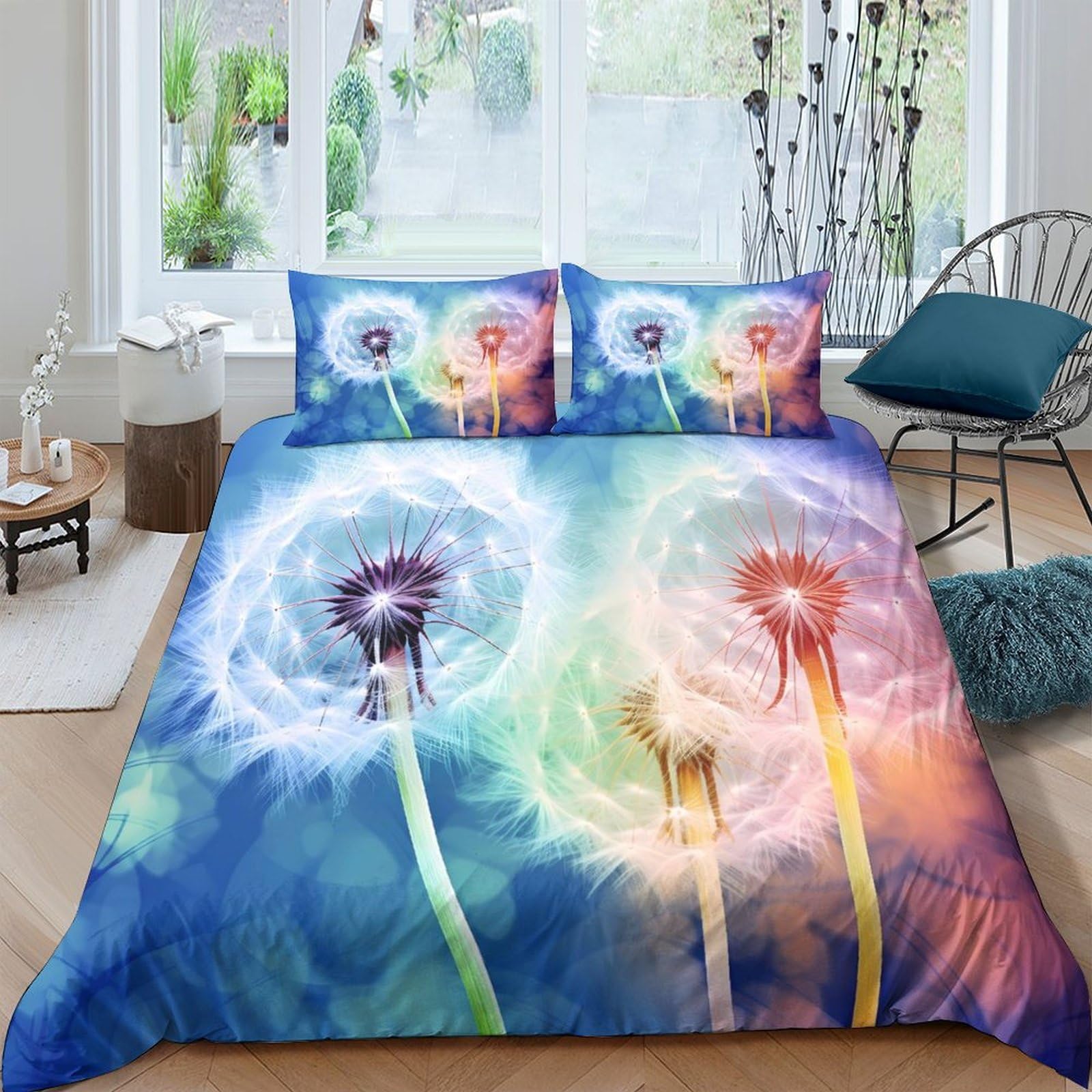 GPLZQXKJNH 3D Printed Dandelion Rainbow Duvet Cover Microfiber Soft Breathable Abstract Bedding Set with 2 Pillowcases for Bedroom Decor Single（135x200cm）