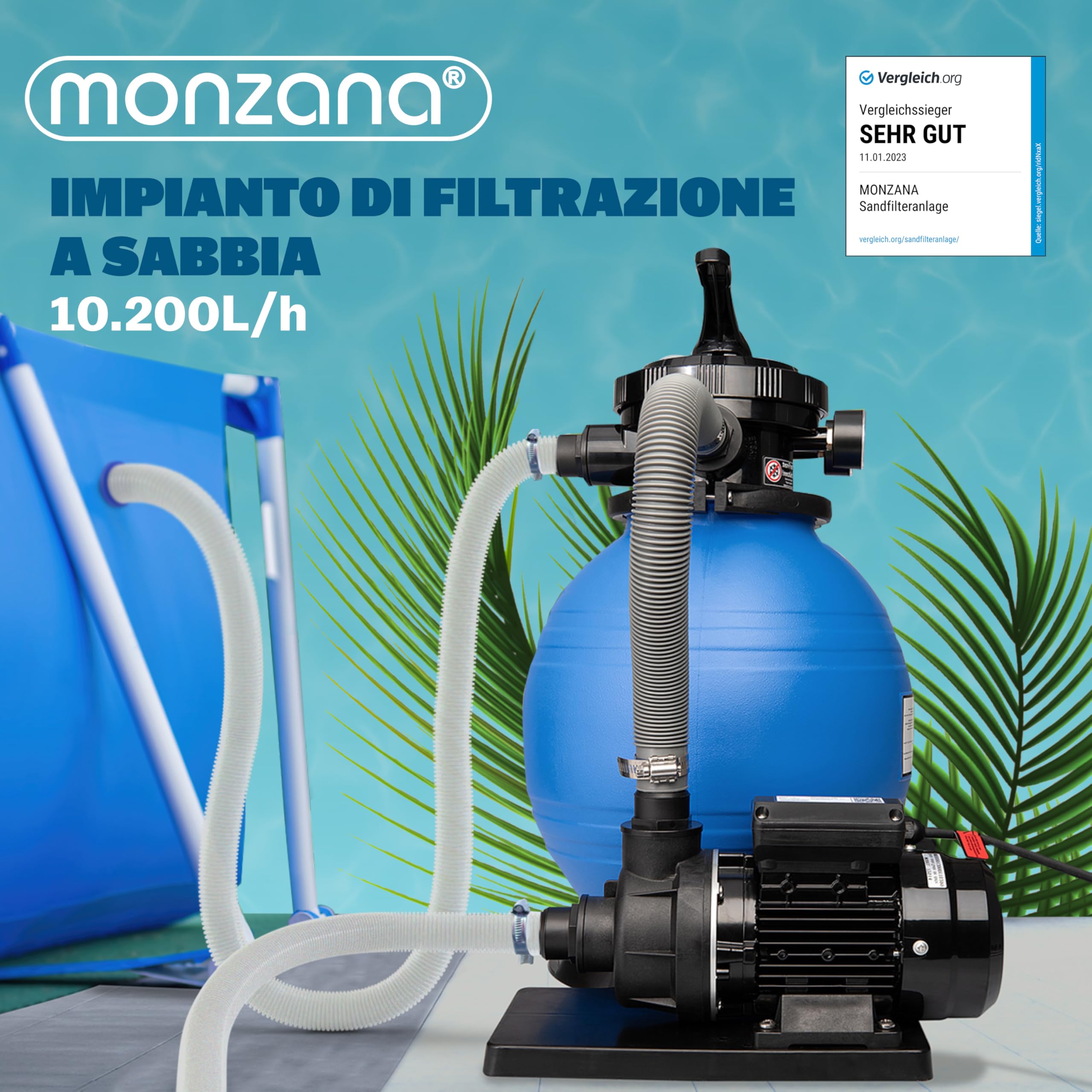 MONZANA® Filtro per Piscina a 7 vie 10.200L/h Filtrazione a Sabbia Pompa Filtraggio Serbatoio 25L