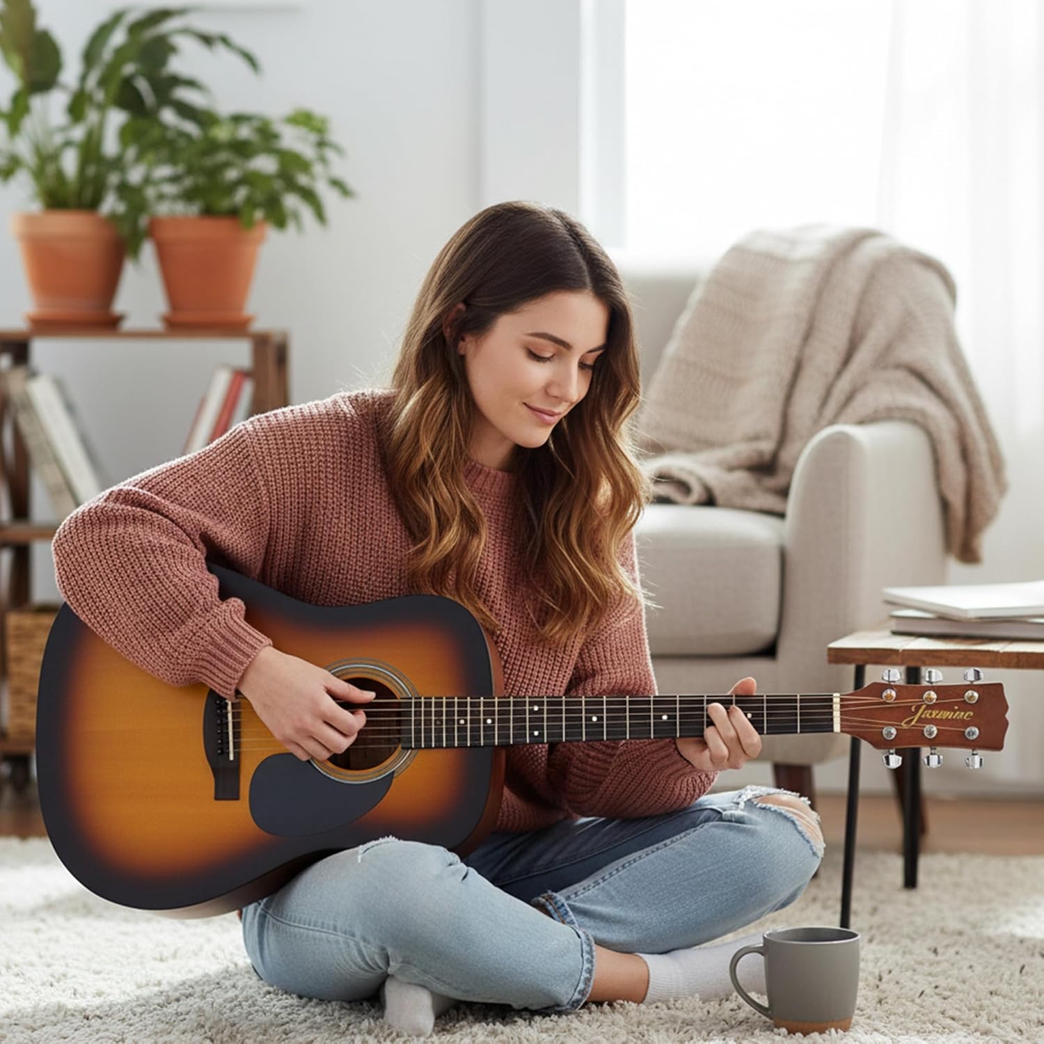 Jasmine S35 Acoustic Guitar - Matte Sunburst Bundle with Gig Bag, Tuner, Strings, Strap, Picks, Instructional Book, Austin Bazaar Instructional DVD, and Polishing Cloth