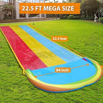 MorTime 22.5ft Slip Water Slide with Sprinklers, Slip and Slide with 3 Inflatable Bodyboards and Splash Pool Waterslide Backyard Lawn Outdoor Water Toy