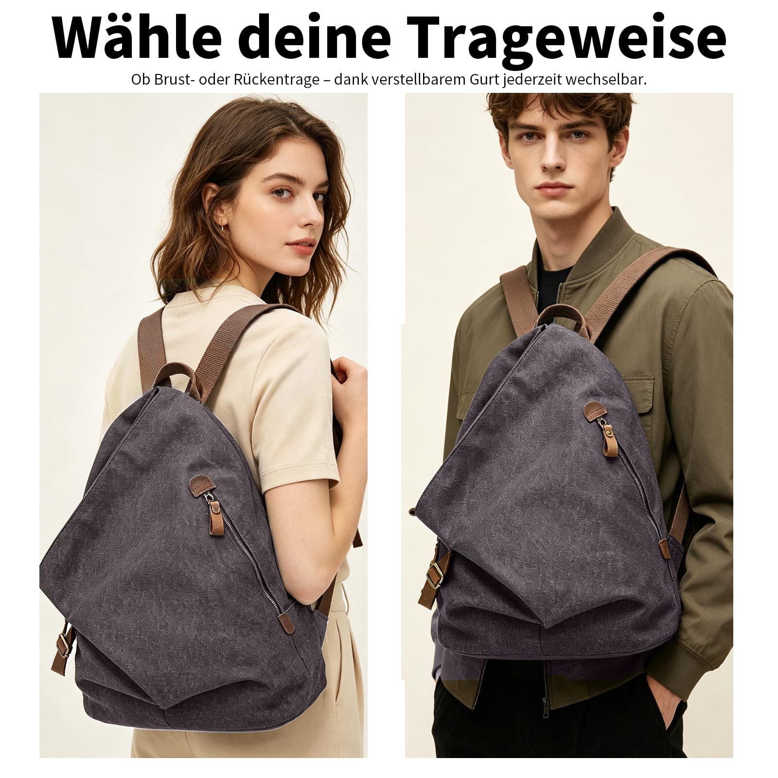 KL928 Canvas Vintage Rucksack – Großer Casual Daypack Outdoor Reisesack Wanderrucksack für Herren und Damen (Dunkelgrau)