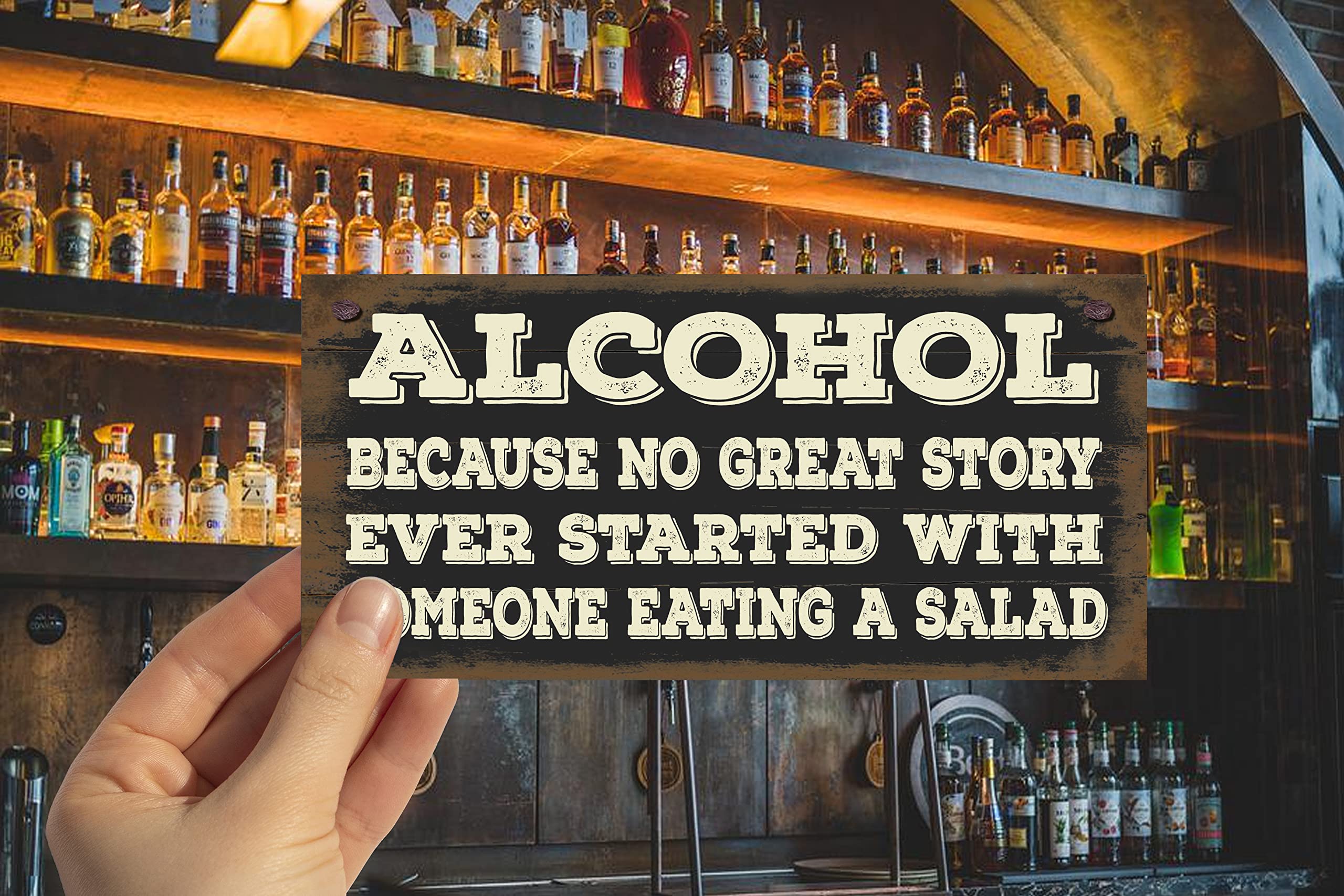 Wooden Funny Sign Wall Plaque Alcohol Because No Great Story Ever Started With Someone Eating A Salad, Black - Image 2