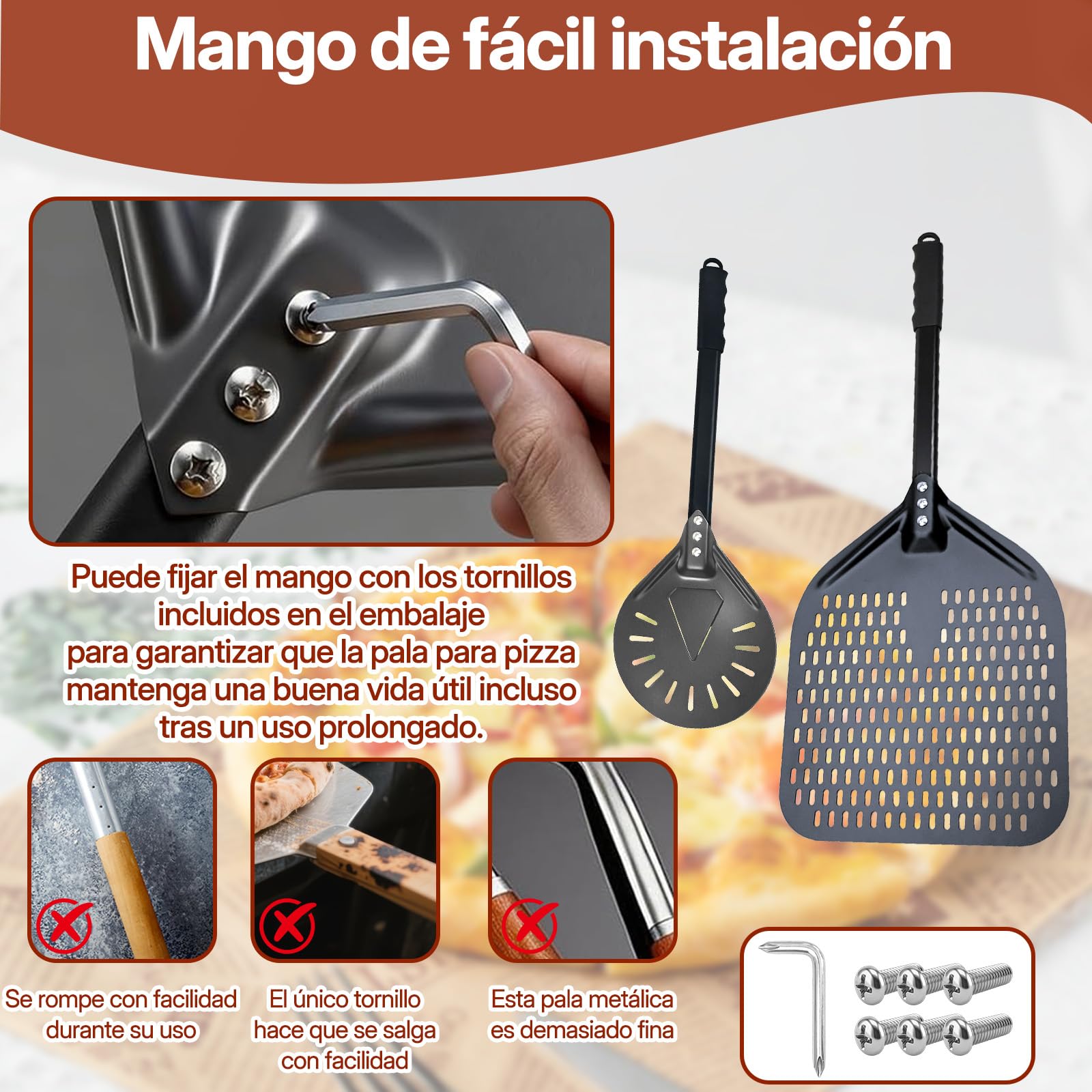 Pala Pizza de Aluminio, Pala para Pizza de 12 Pulgadas Y 7 Pulgadas, Asa Desmontable, EspáTula Para Pizzas con Cuchillo para Pizza