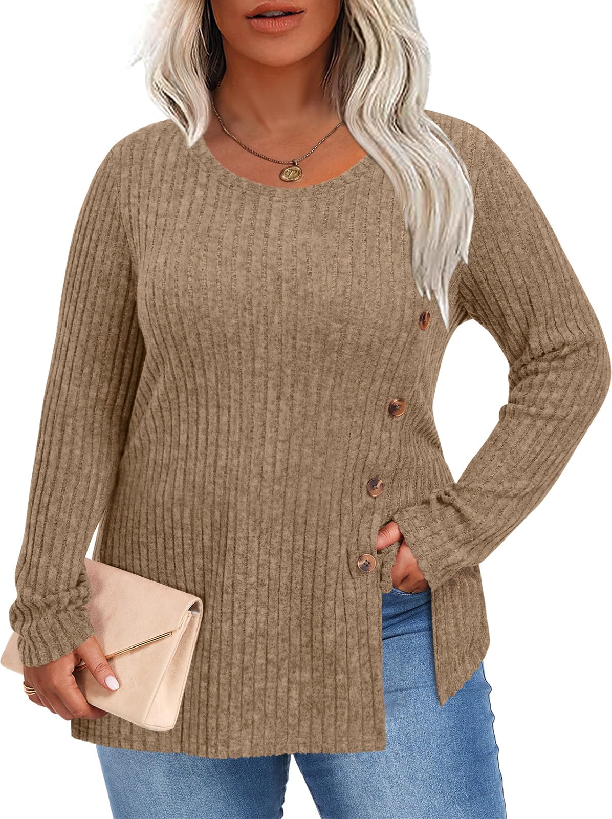 HOTGIFT Women Plus Size Top Knit Long Sleeve Sweater Button Tunic XL-5XL