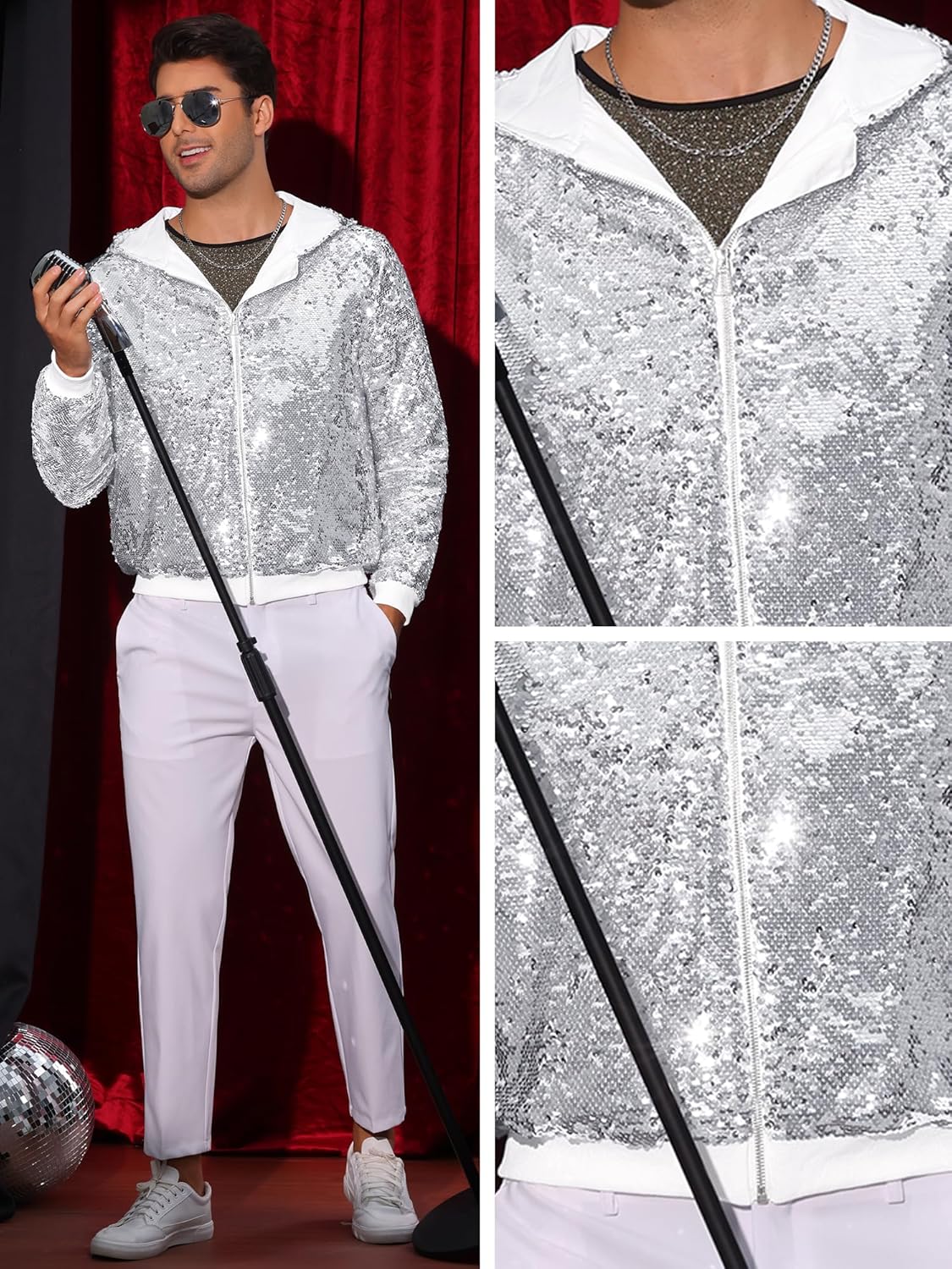Lars Amadeus Sequins Jacket for Men's Long Sleeves Zip Up Flip-Sequin Sparkle Metallic Hoodie Jackets