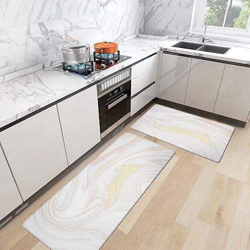 chiinvent Juego de 2 tapetes de cocina de mármol dorado decoración de cocina de PVC grueso antideslizante lavable antifatiga para cocina fregadero
