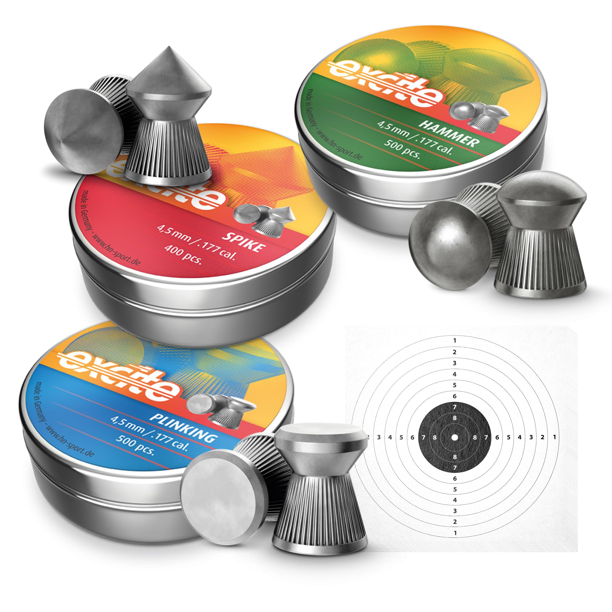 Kit Piombini Softair Cal. 4.5 - Set 3 Scatole HN Hammer, Spike, Plinking + 10 Bersagli 14x14 cm - Pallini Piombo per Carabina e Pistola Aria Compressa, Ideale per Tiro a Segno Sportivo