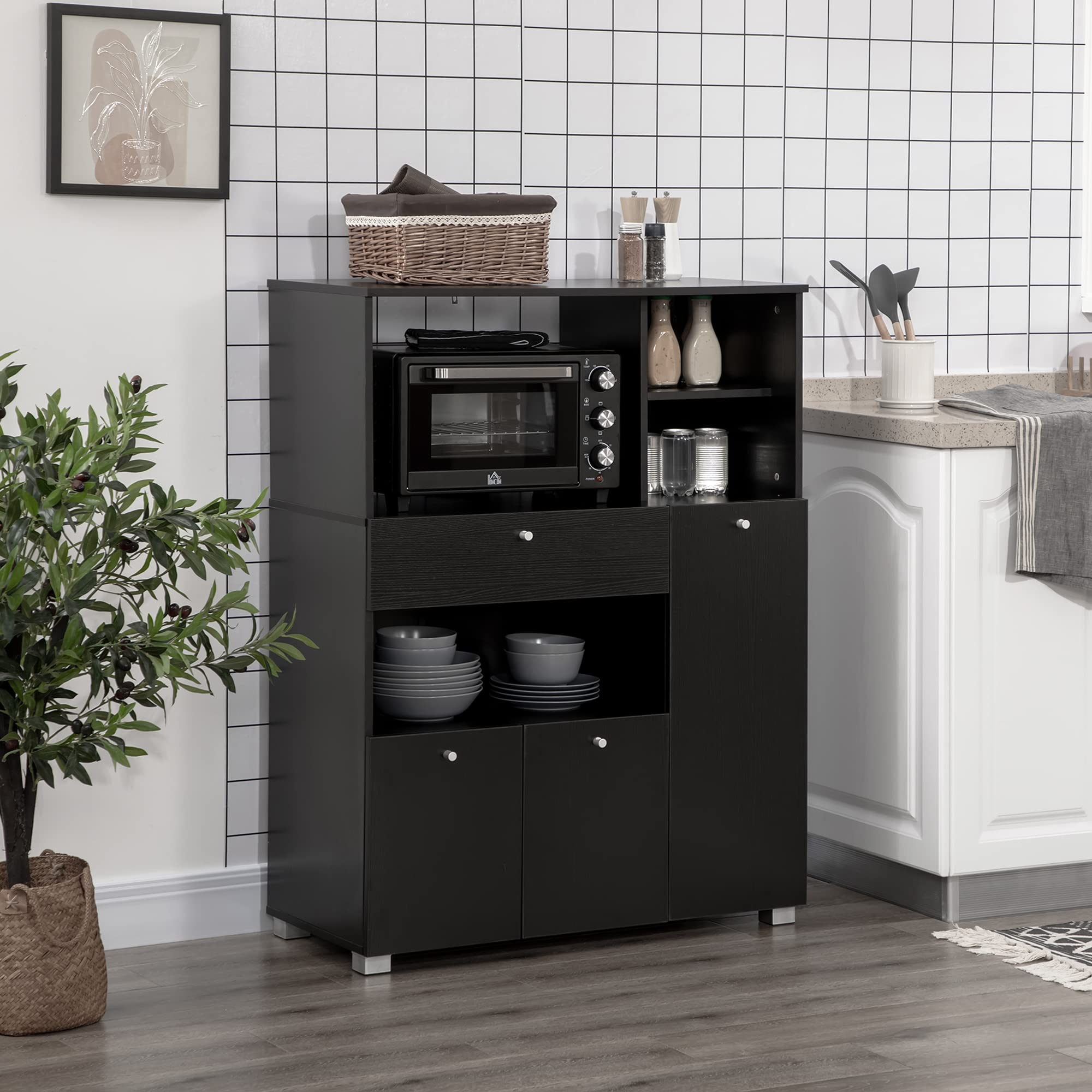 HOMCOM Meuble de Micro-Onde Buffet 2 Placards 90L x 40l x 120H cm Noir | Armoire Cuisine, Meuble de Rangement Multi-Rangements, 4 Niches, Tiroir Coulissant, en Bois