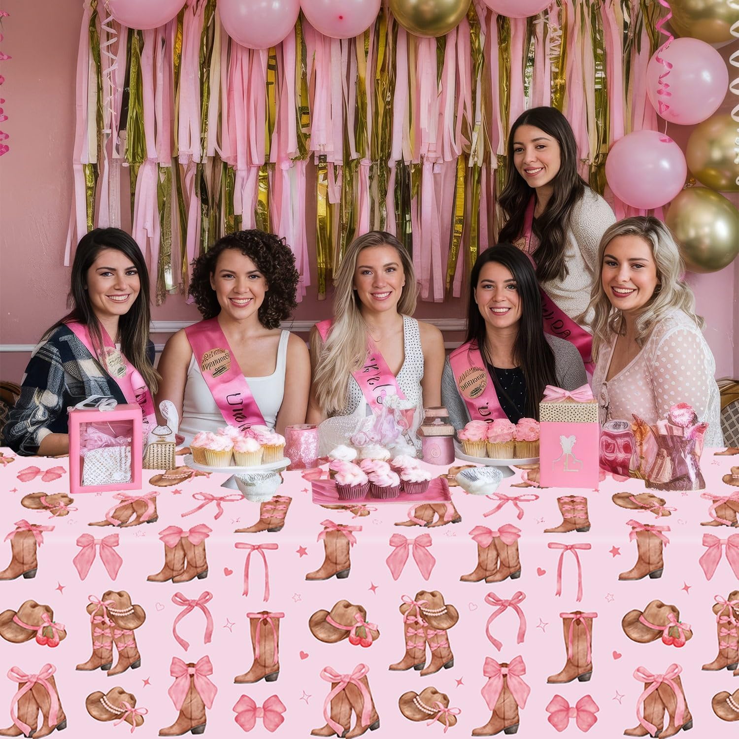 6Pcs Western Cowgirl Tablecloth Coquette Bow Cowgirl Birthday Party Tablecover 51x86 inch Cowboy Rodeo Table Cloth Western Theme Party Decoration Birthday Party Supplies