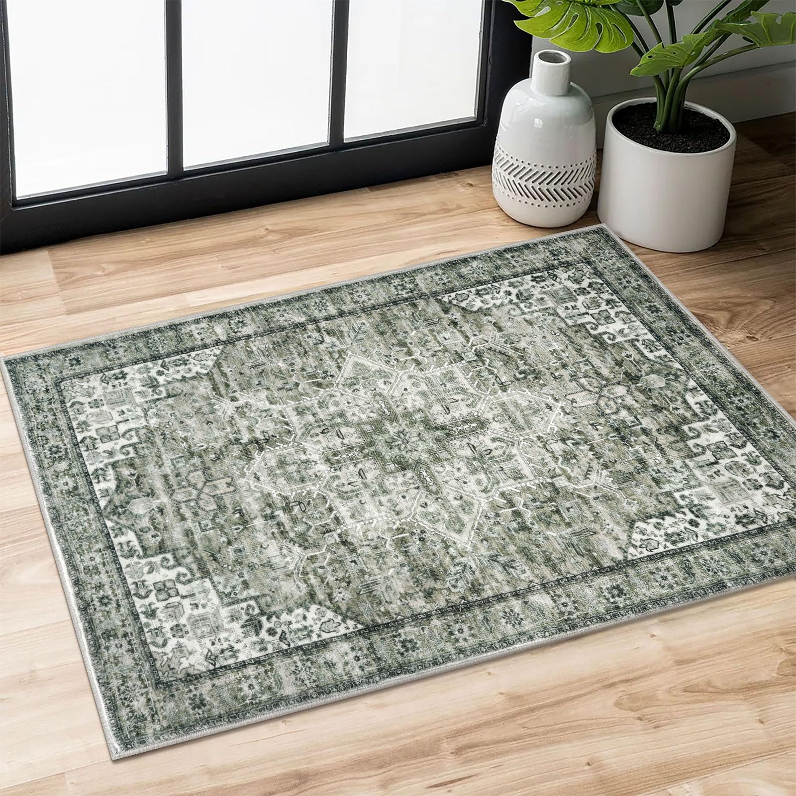 Similar***Green Washable Rug for Entryway, Soft Traditional Area Rug, Non-Slip Kitchen Rugs, Low-Pile Distressed Medallion Indoor Door Mat, Small Farmhouse Carpet for Entrance Kitchen Foyer Bedside