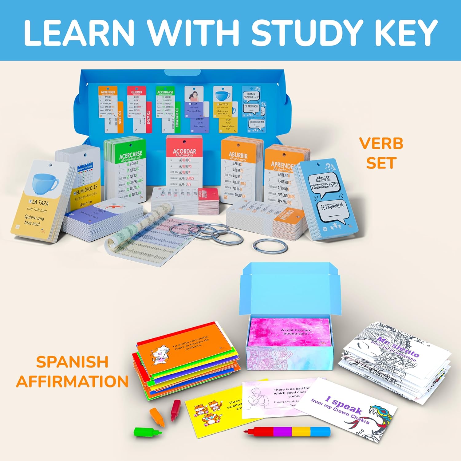 600+ Spanish English Flash Cards for Adults & Kids Ages 12+ - Verb Conjugation, Nouns, Adjectives & Phrases tonque twisters affrimations to Learn Spanish for Adult Beginners Flashcards