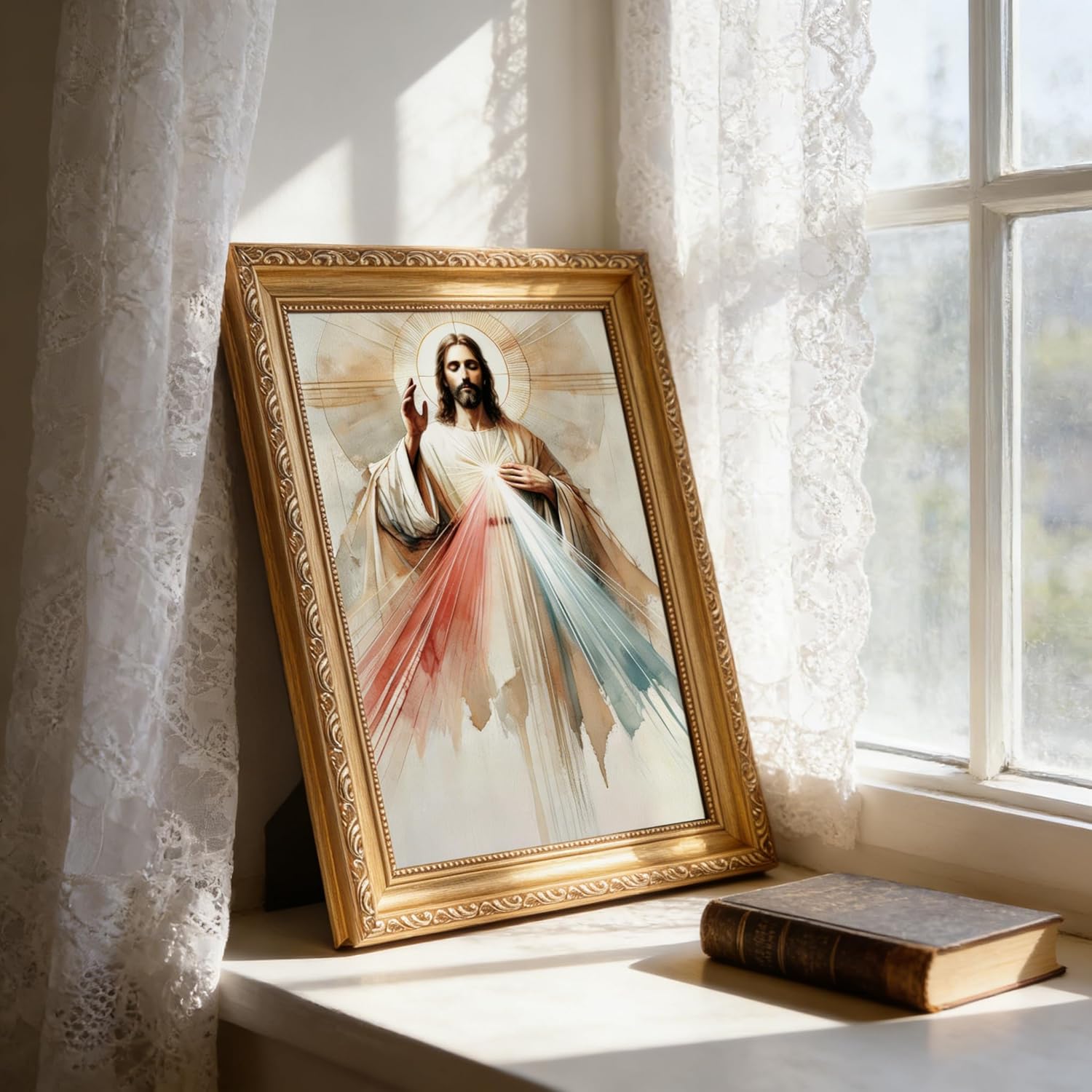 Vintage Gold Framed Sacred Heart of Jesus Wall Art Divine Mercy Wall Decor Jesus Portrait Picture Christian Canvas Prints Religious Painting for Living Room Bedroom Church