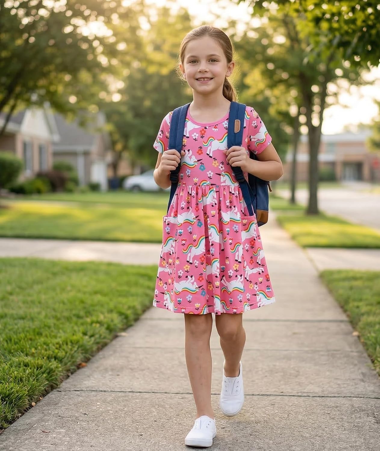 Bumeex Girl's Dresses Cotton Sleeve A-Line Cute Midi Casual Sundress