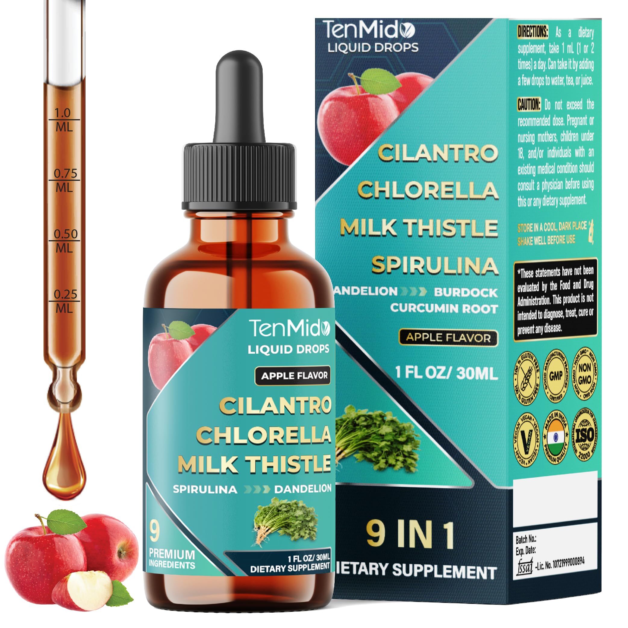 9in1 Cilantro Tincture - Herbal Extract Liquid Supplements with Chlorella, Milk Thistle, Spirulina, Dandelion, Burdock Root, Curcumin, Garlic, and Ginger - 30ml 1 Fl Oz