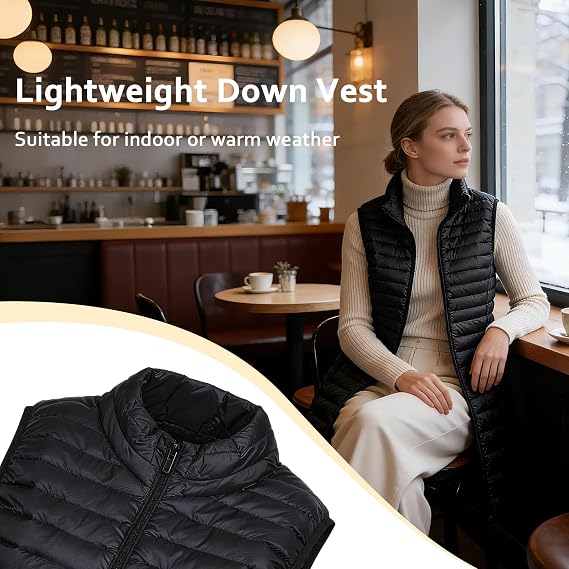 ELFJOY Long Puffer Vest Women Winter Ultra Light Long Down Vest with Stand Collar Black Womens Vests Outerwear