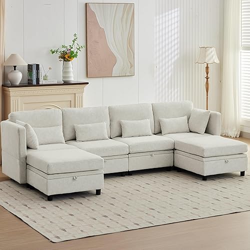 112" Modular Sectional Sofa with Storage, U Shaped Sectional Sofa for Living Room, Convertible Cloud Sectional Couch with Chaise, 6 Seat Couch with Cushions, Adjustable Backrest Design, Beige