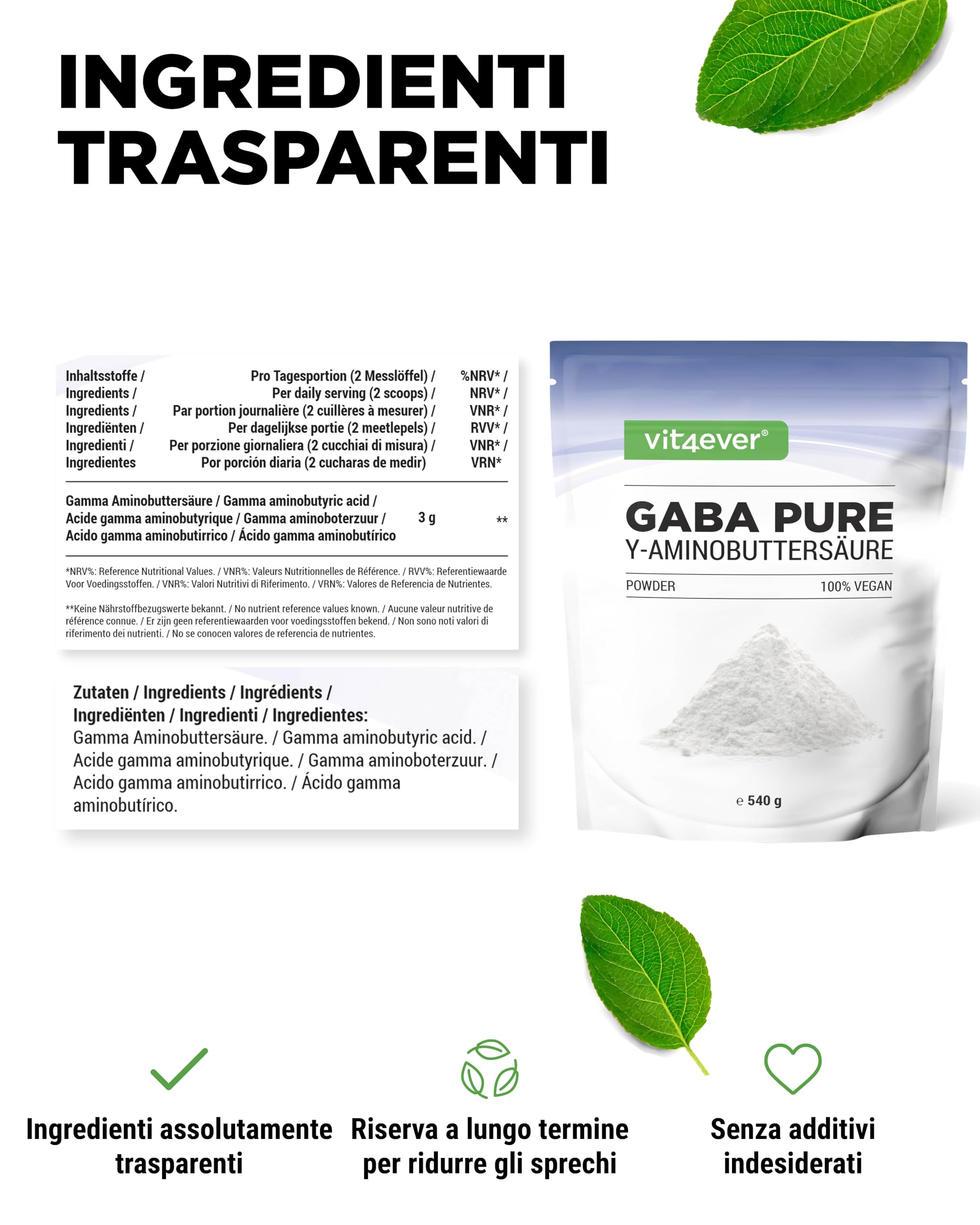 Gaba Pure - 540 g di polvere pura senza additivi - 100% acido gamma-aminobutirrico - 180 porzioni - vegano - qualità premium