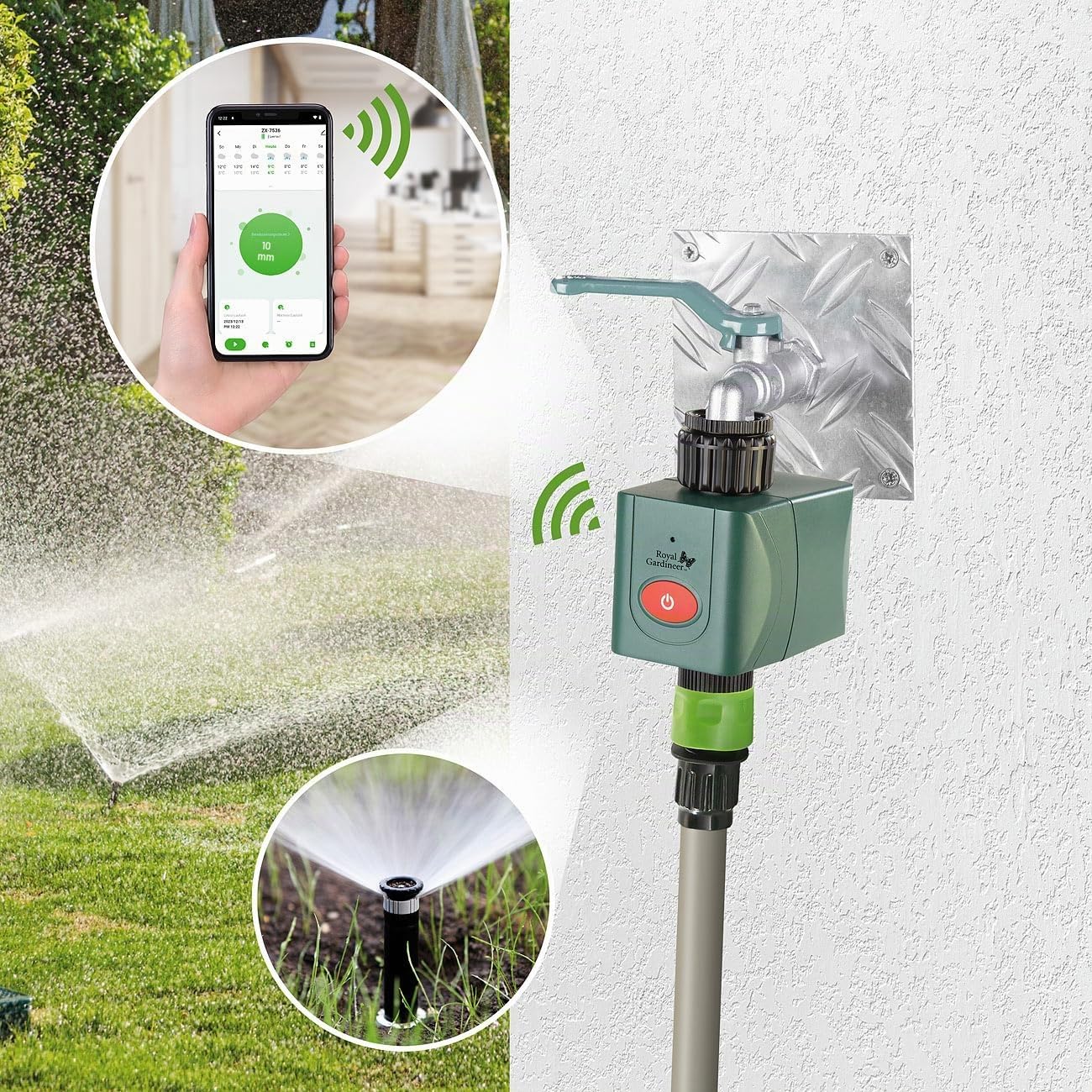 Royal Gardineer Elesion Bewässerung: 4er-Set WLAN-Bewässerungscomputer mit Ventil, App-Wetterdatenabgleich (Steuergerät Garten-Bewässerung, Bewässerungssystem Garten WLAN, Handy)