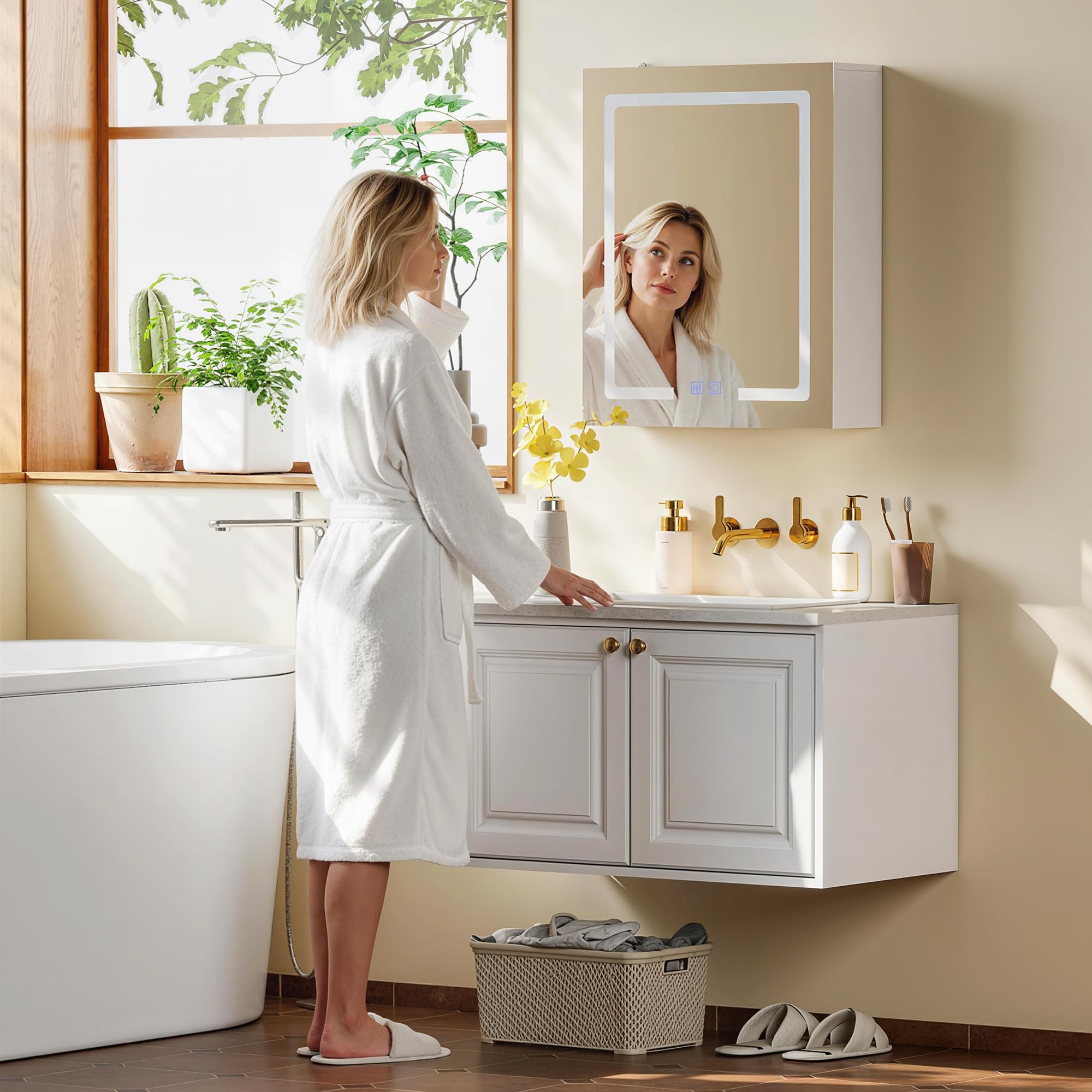 HOMCOM Armoire Murale Salle de Bain avec Miroir et éclairage LED, 50 x 15 x 60 cm, Meuble Salle de Bain avec Anti-buée, étagères réglables, 3 températures de lumière, Interrupteur Tactile, Blanc