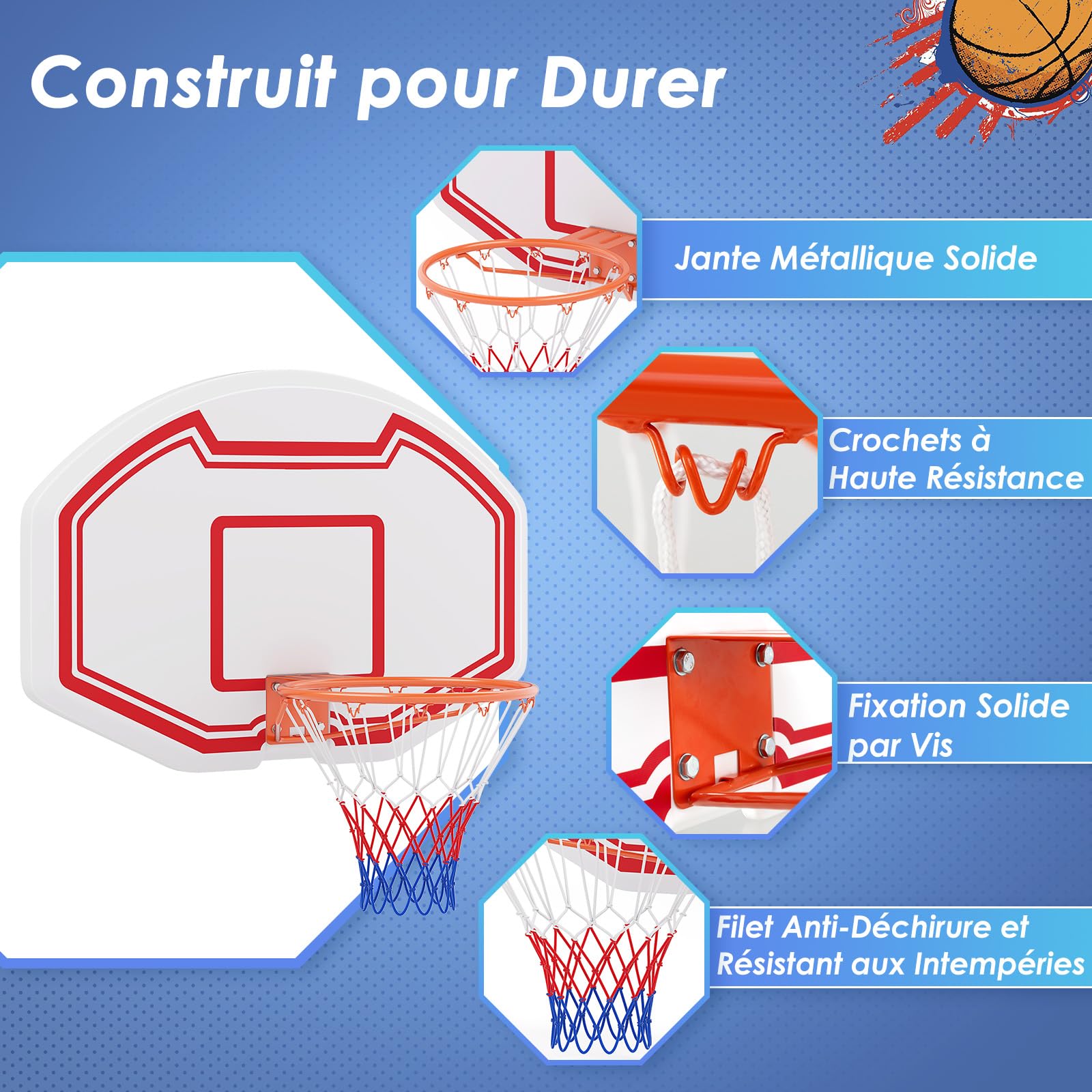 COSTWAY Panier de Basket Mural 45 cm avec Panneau Incassable, Panier Basket-Ball avec Filet Anti-Déchirure pour Adolescents Adultes Intérieur/Extérieur, 91 x 61 cm, Blanc+Rouge