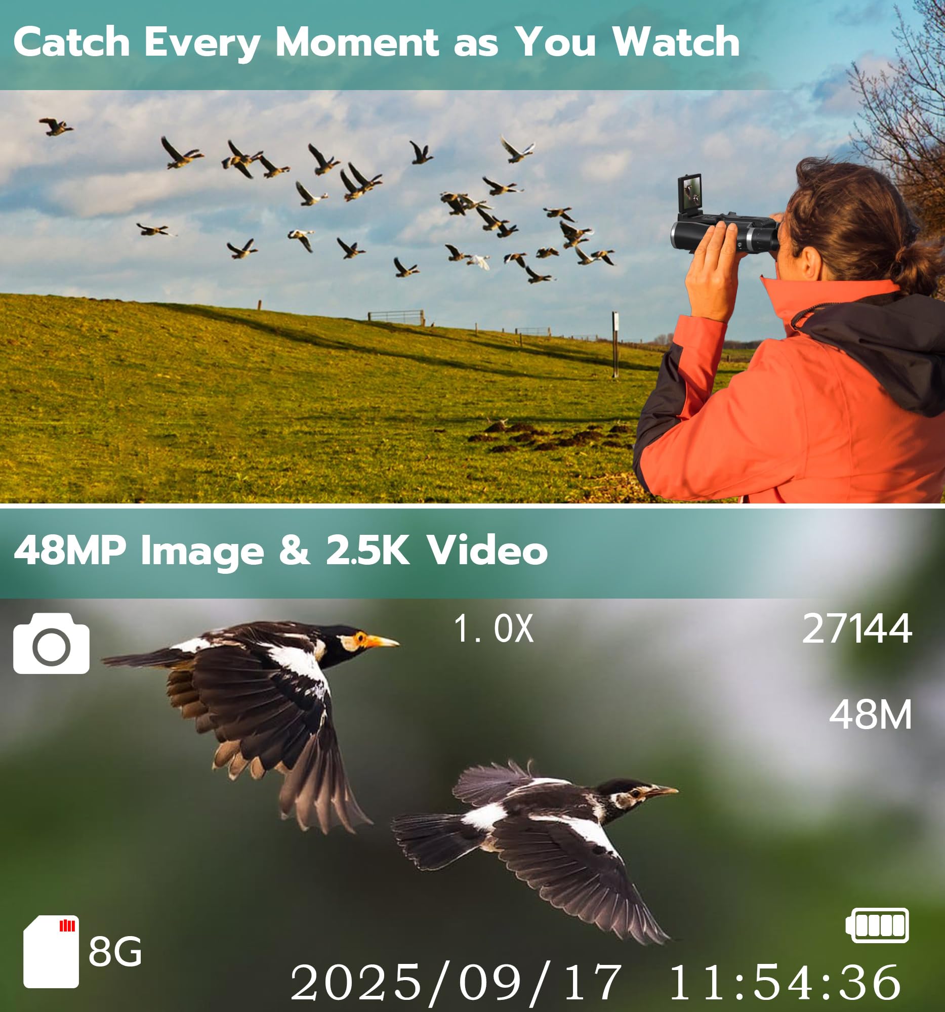Anweller Binocolo con fotocamera, 12 x 32, ad alta potenza, per adulti e bambini, per bird watching, nave da crociera, caccia, viaggi, escursioni, giochi sportivi, concerti, con scheda da 32 GB
