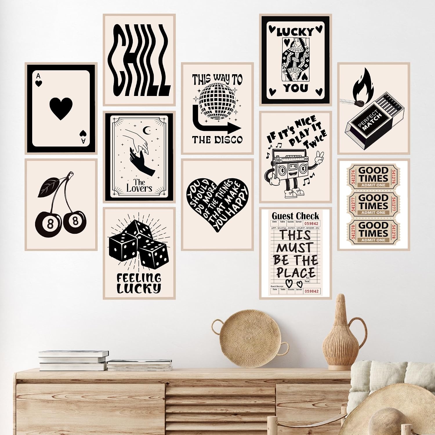 BigWig Prints Black and White Preppy Posters, Set of 12, 8x10 in | Minimalist Retro Y2K Style, Ideal for College Dorm or Bedroom Wall Collage, Great for Teen Girls, Unframed