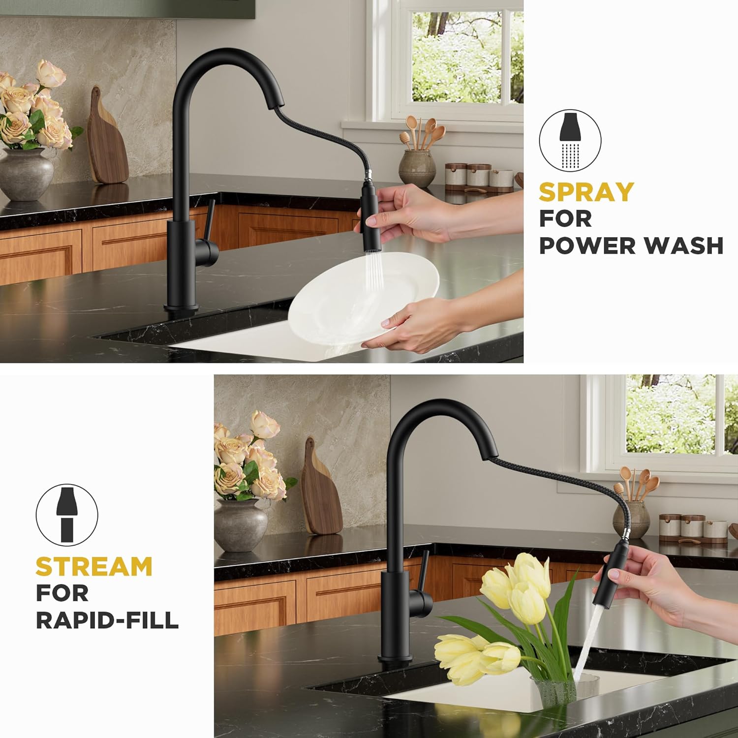 Images showing the faucet sprayer in stream mode and spray mode