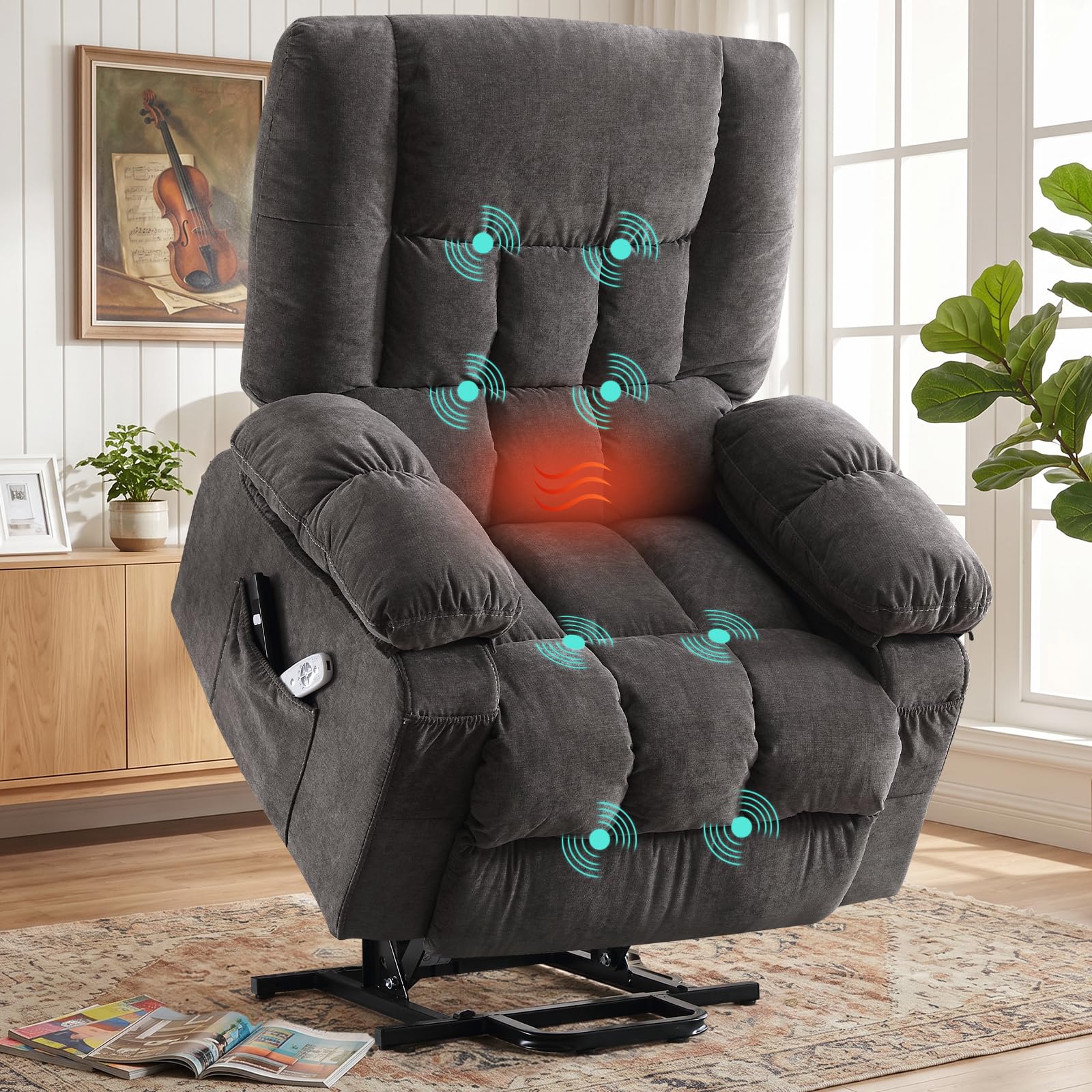 BOSMILLER Electric Power Lift Recliner Chair Sofa with Massage and Heat for Elderly,Lift Chair with Front Pocket &amp; Side Pockets for Living Room