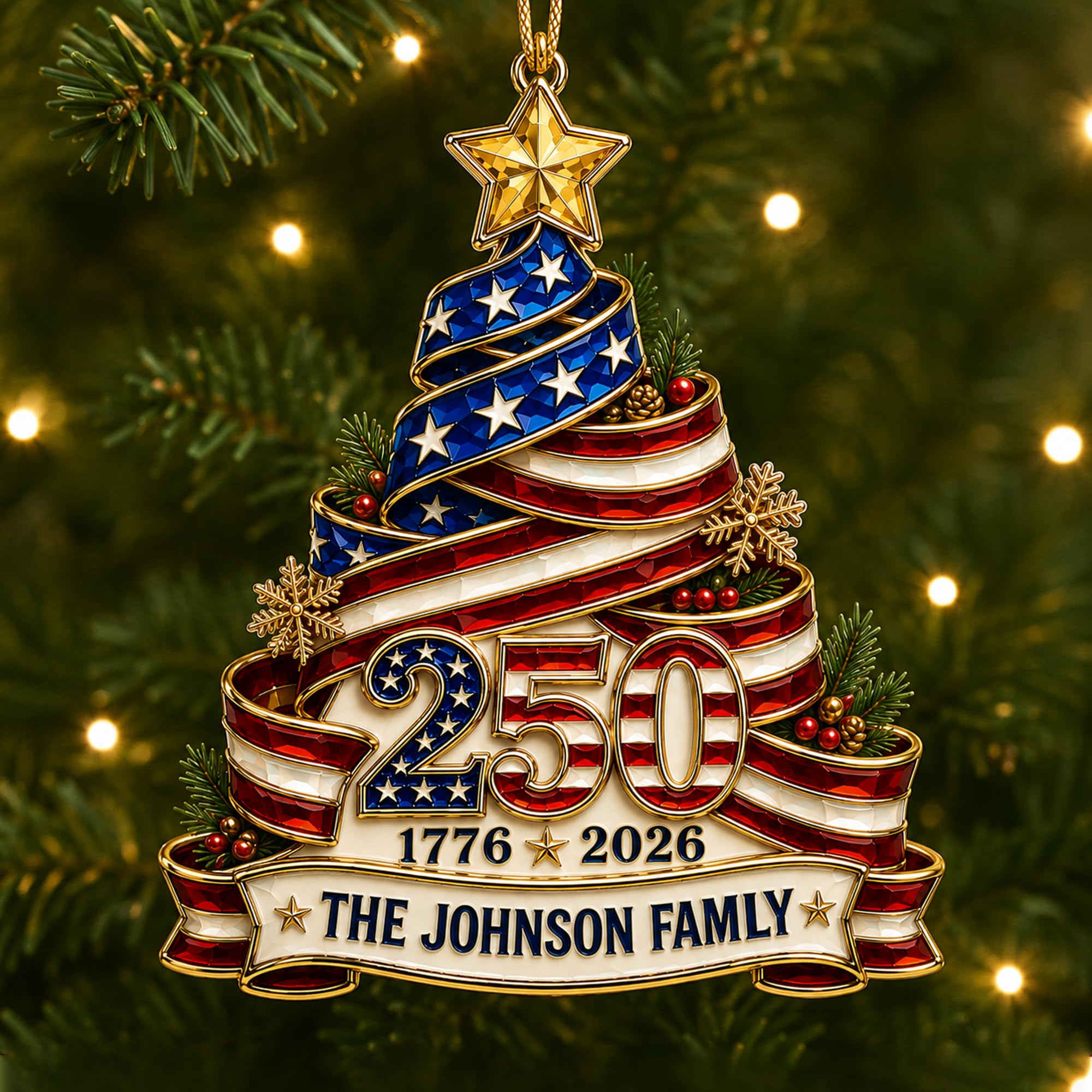 [Made in USA] Personalized 250th Anniversary USA Flat Acrylic Christmas Ornament, Custom Family Name Patriotic Ribbon Tree Ornament (AOTT07194J10C)