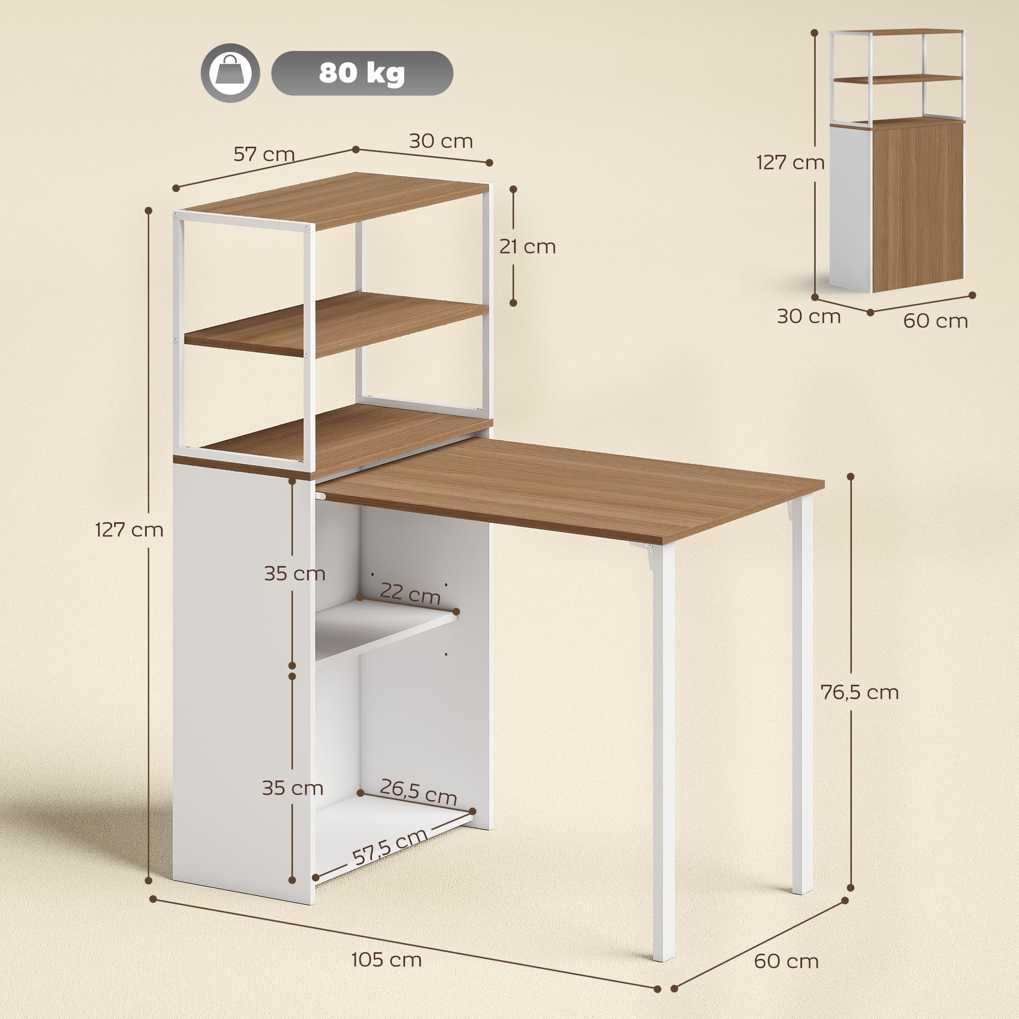 HOMCOM Escritorio Plegable con Estantería Estudio 105x60x127 cm Natural | Mesa de Escritorio con 4 Estantes, Mesa de Ordenador para Espacios Pequeños, Oficina en Casa