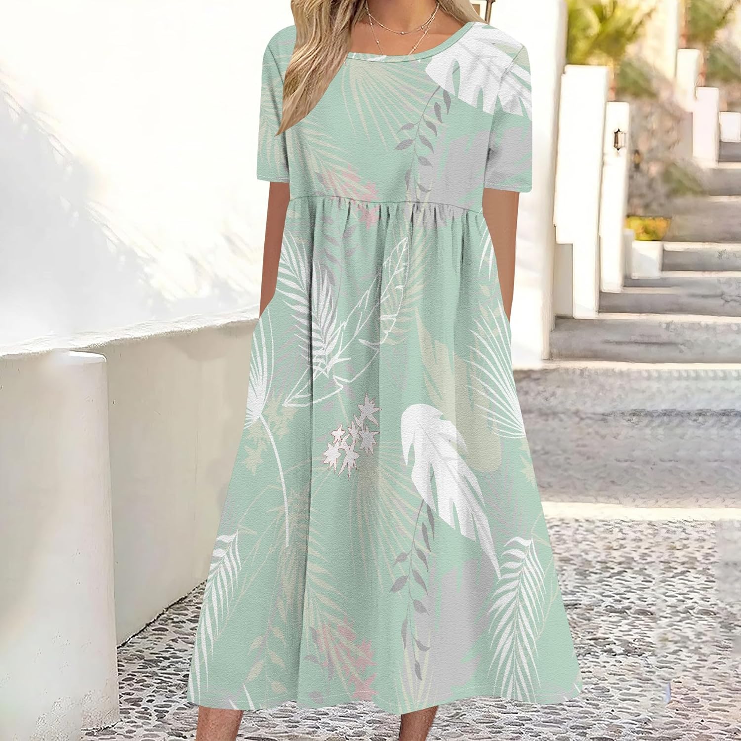 Womens Maxi Dresses Floral Print Half Sleeves Casual Crew Neck Plus Size Beach Dress with Pockets for 2025 Summer