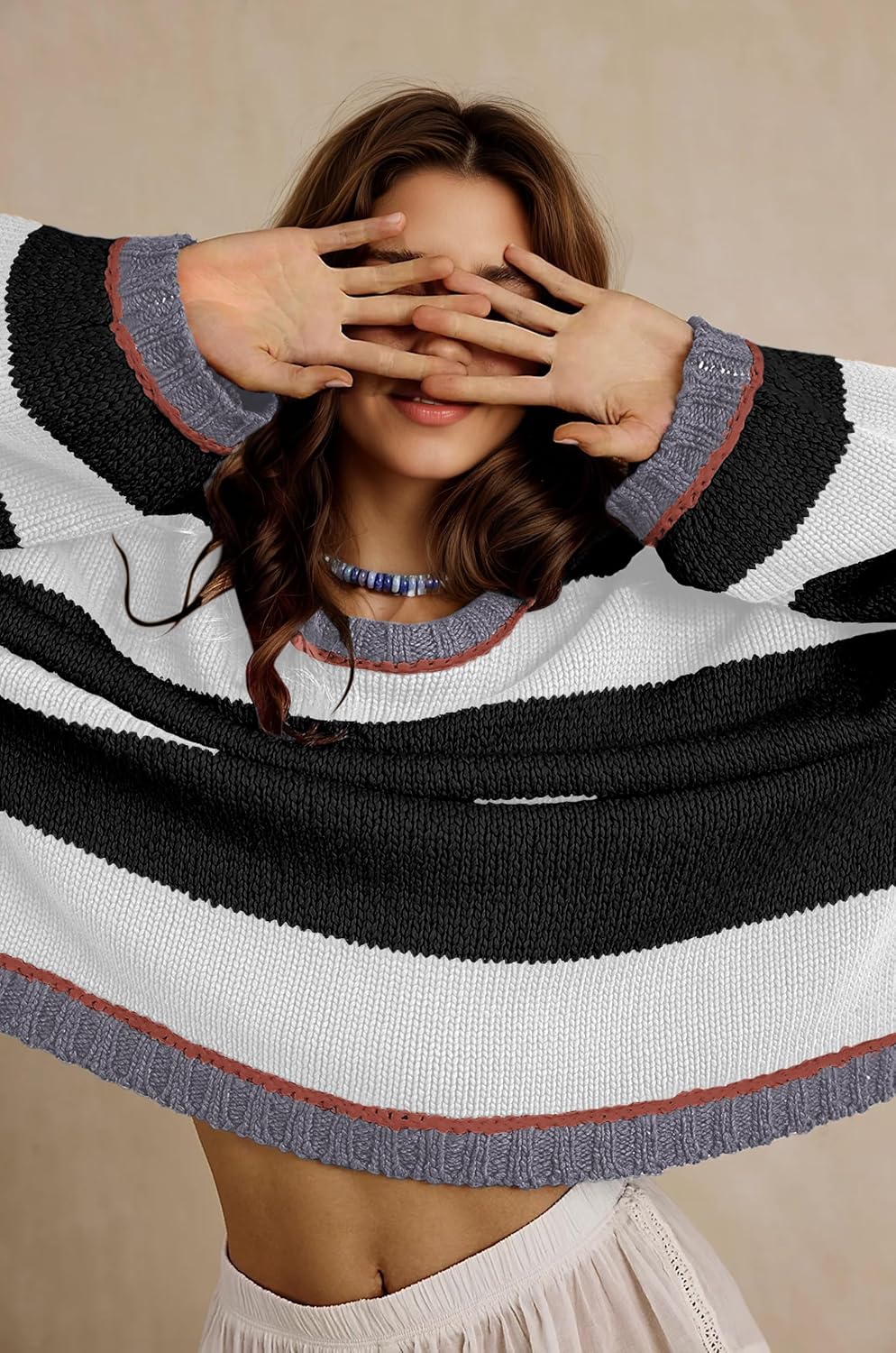 Women's Chunky Knit Striped Sweaters Casual Long Sleeve Crew Neck Oversized Pullover Sweater Winter Fall Spring Tops - Image 5