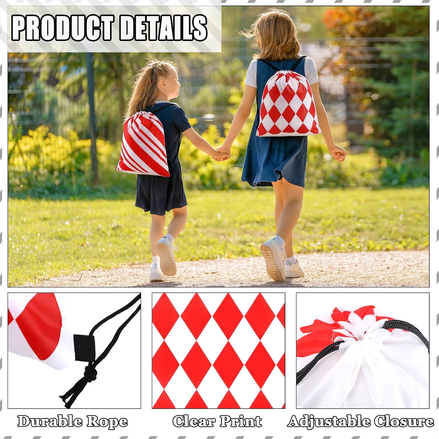 Gabotrie 16 Pcs Drawstring Bags Bulk, 10 x 12 Inch Waterproof Polyester Party Favor Bags, Red and White Printed Gift Candy Bags for Birthday Party Supplies(Two patterns)