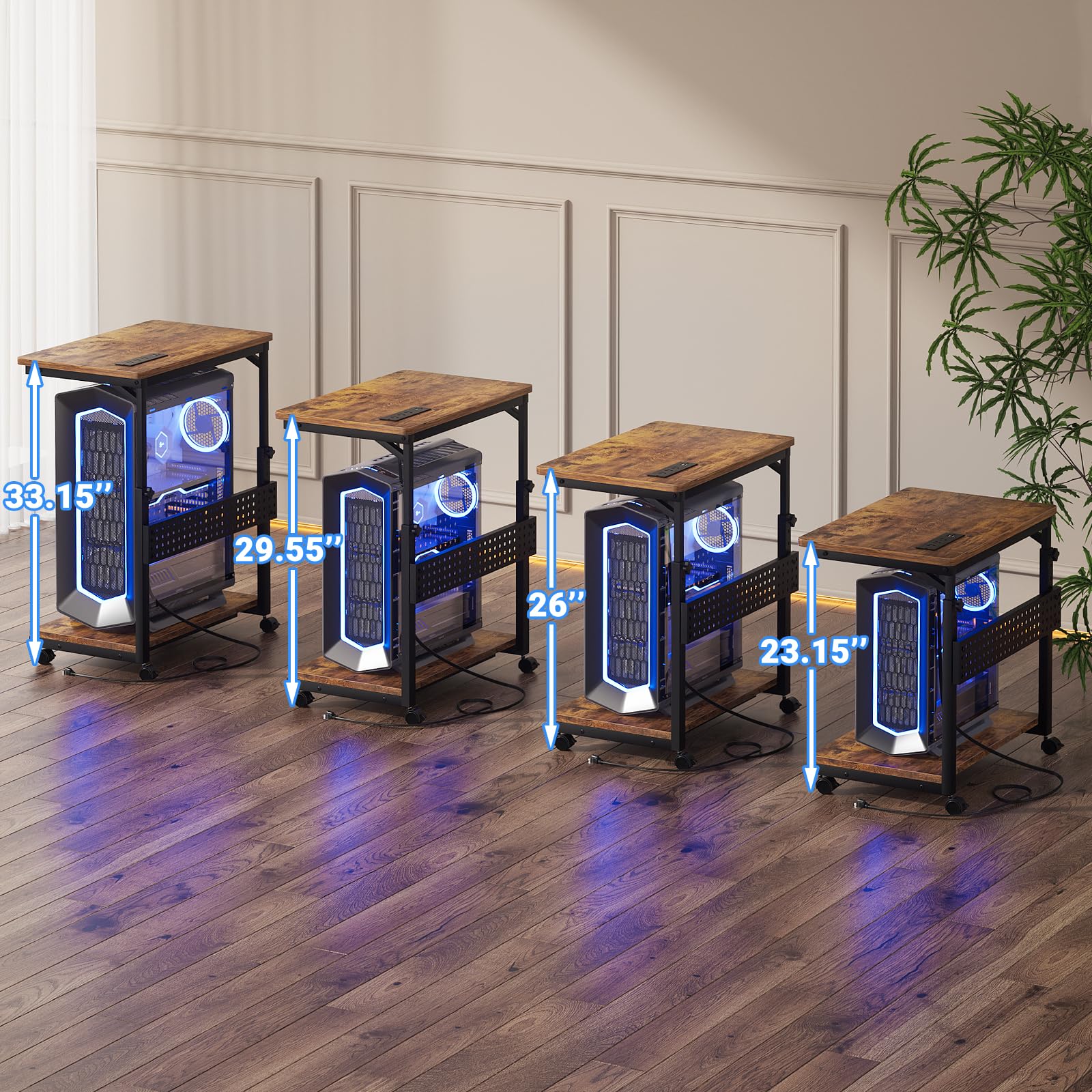 Besiost Soporte de torre para computadora con regletas de alimentación, soporte de torre de PC ajustable en altura con ruedas, soporte móvil para CPU, soporte lateral para carrito de computadora para